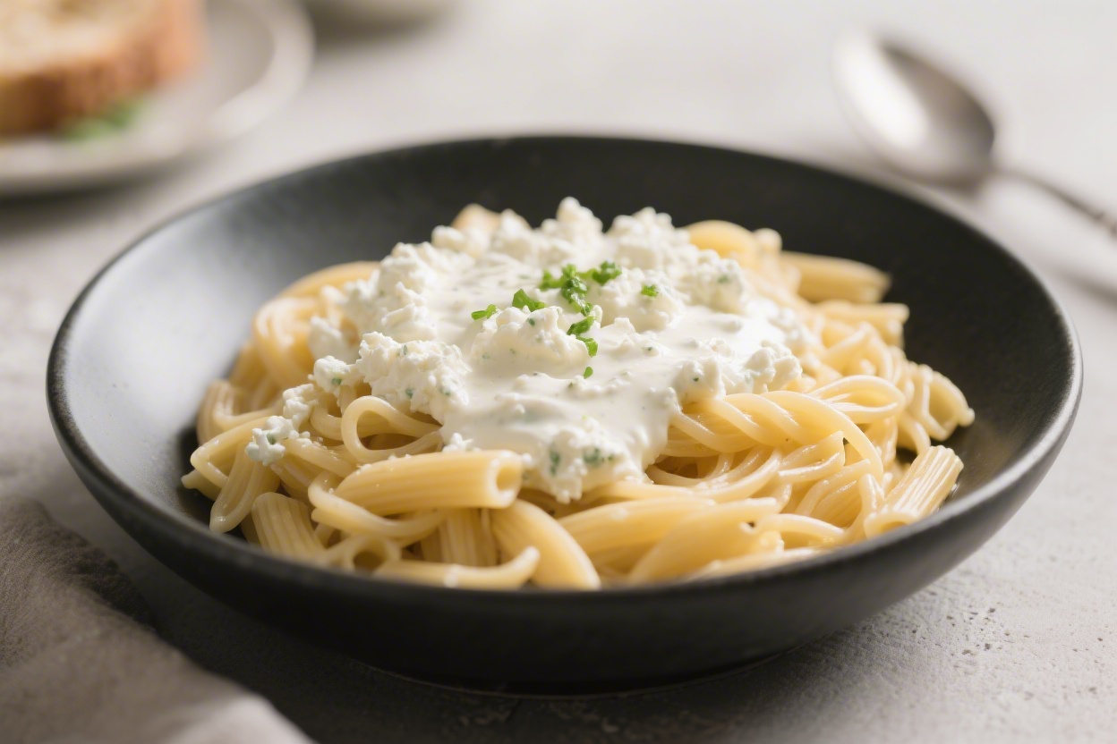 Creamy cottage cheese pasta sauce blended smooth and served over pasta for a quick high-protein 10-minute meal