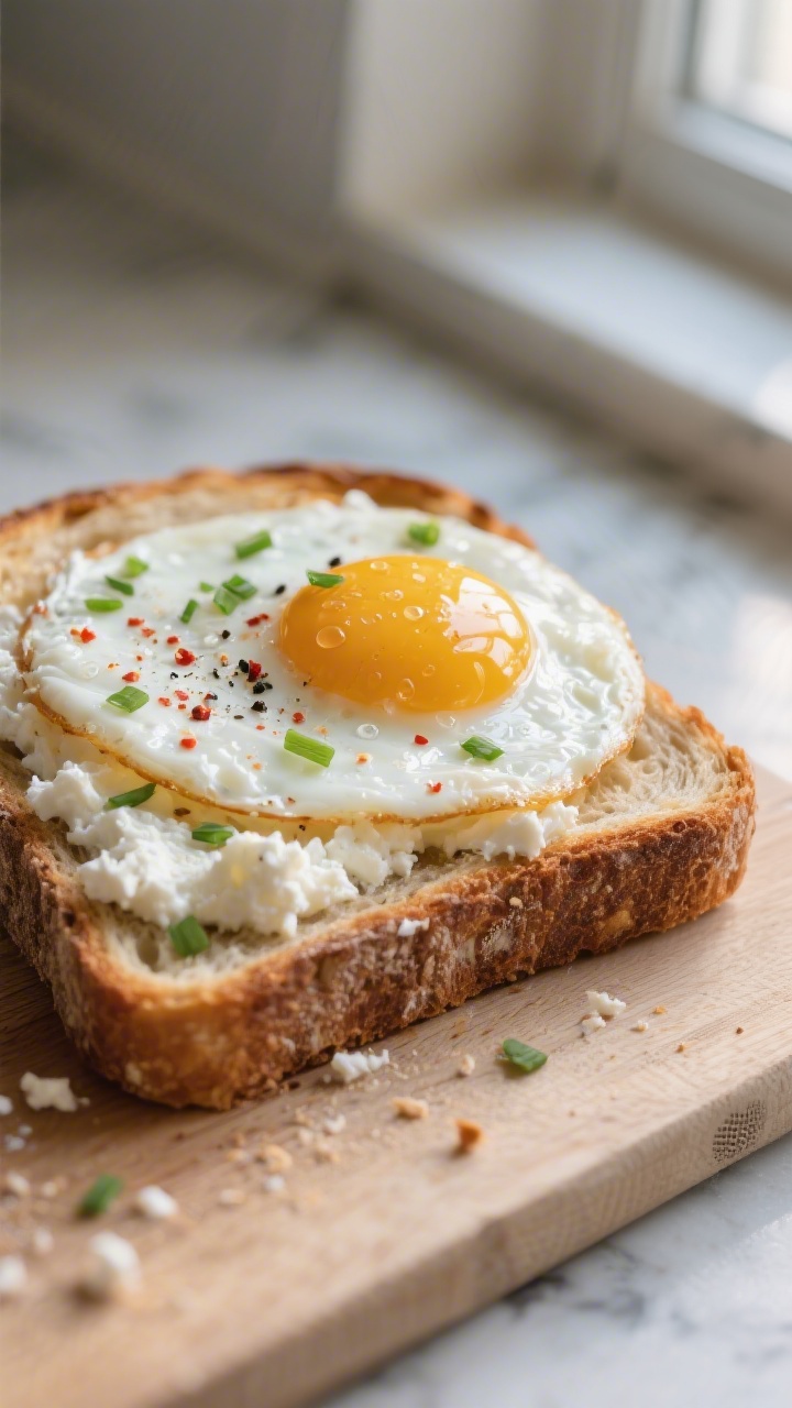 Close-up detail: A slice of deeply toasted sourdough already spread with seasoned cottage cheese, to