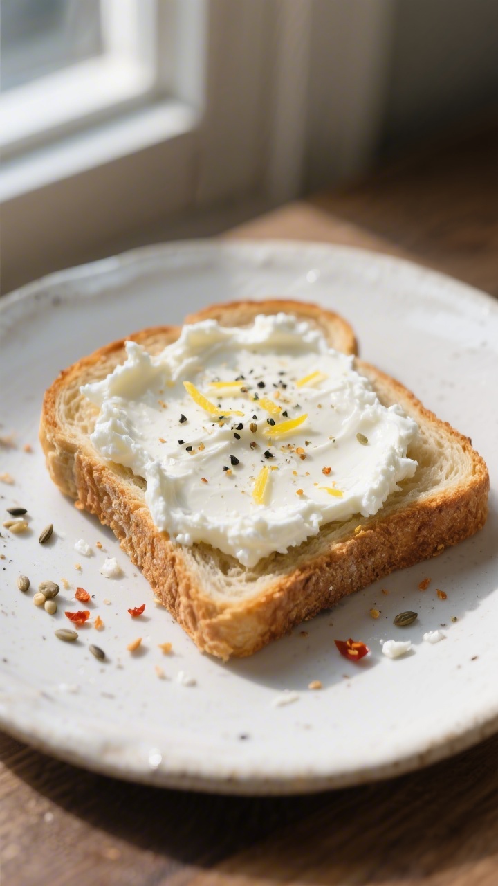 Close-up detail: a slice of whole-grain toast already spread with whipped low‑fat cottage cheese,