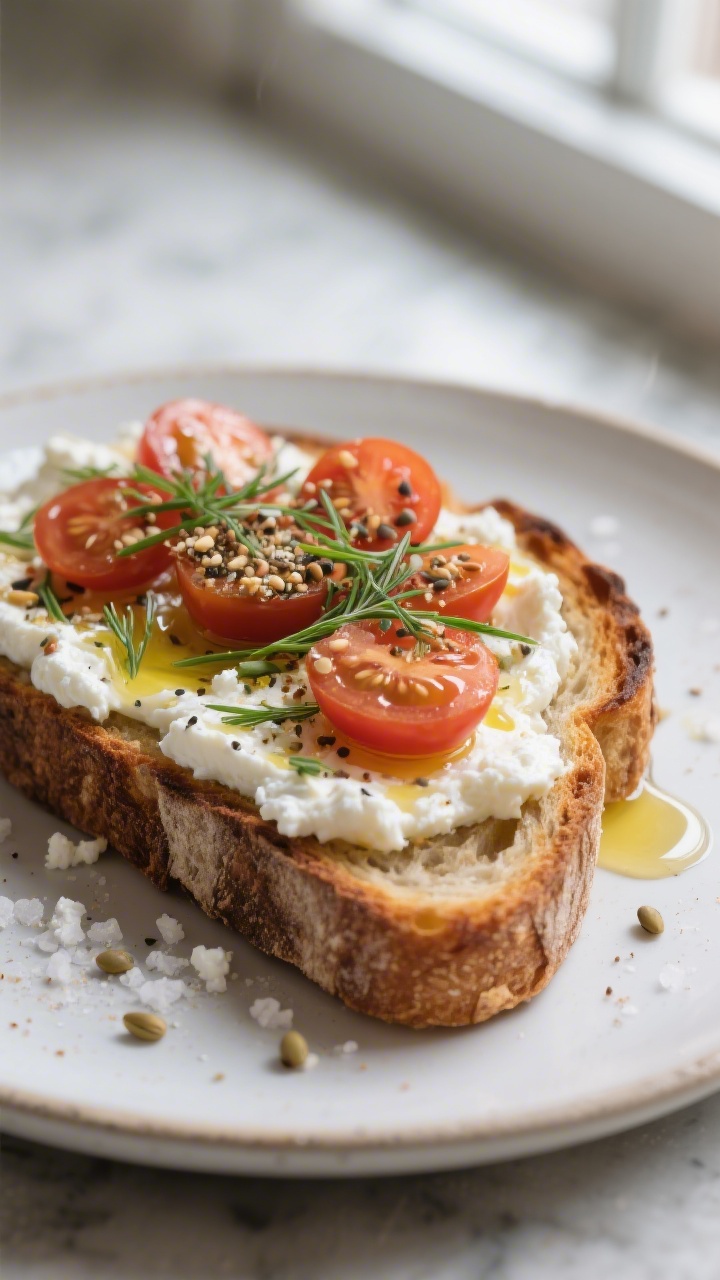 Close-up detail: A thick slice of deeply toasted sourdough already spread edge-to-edge with salted c