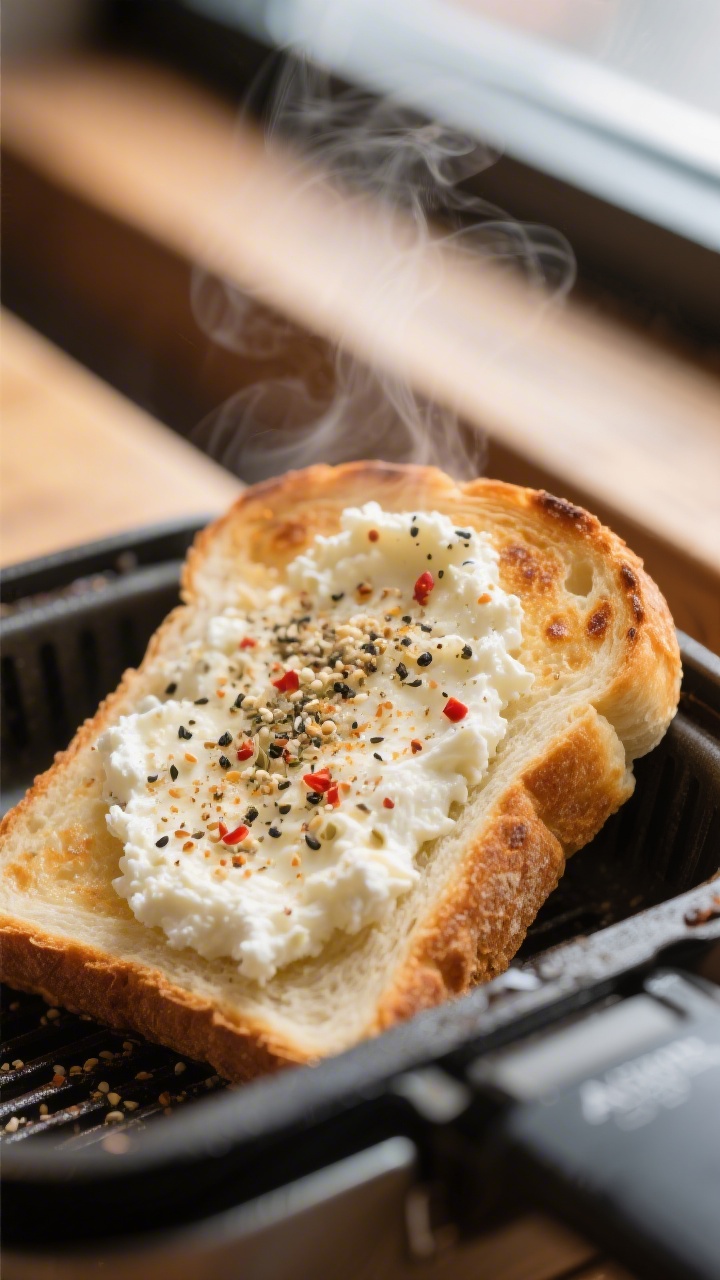 Close-up detail: Air fryer cottage cheese toast just out of the basket at 375°F—edges of sourdoug