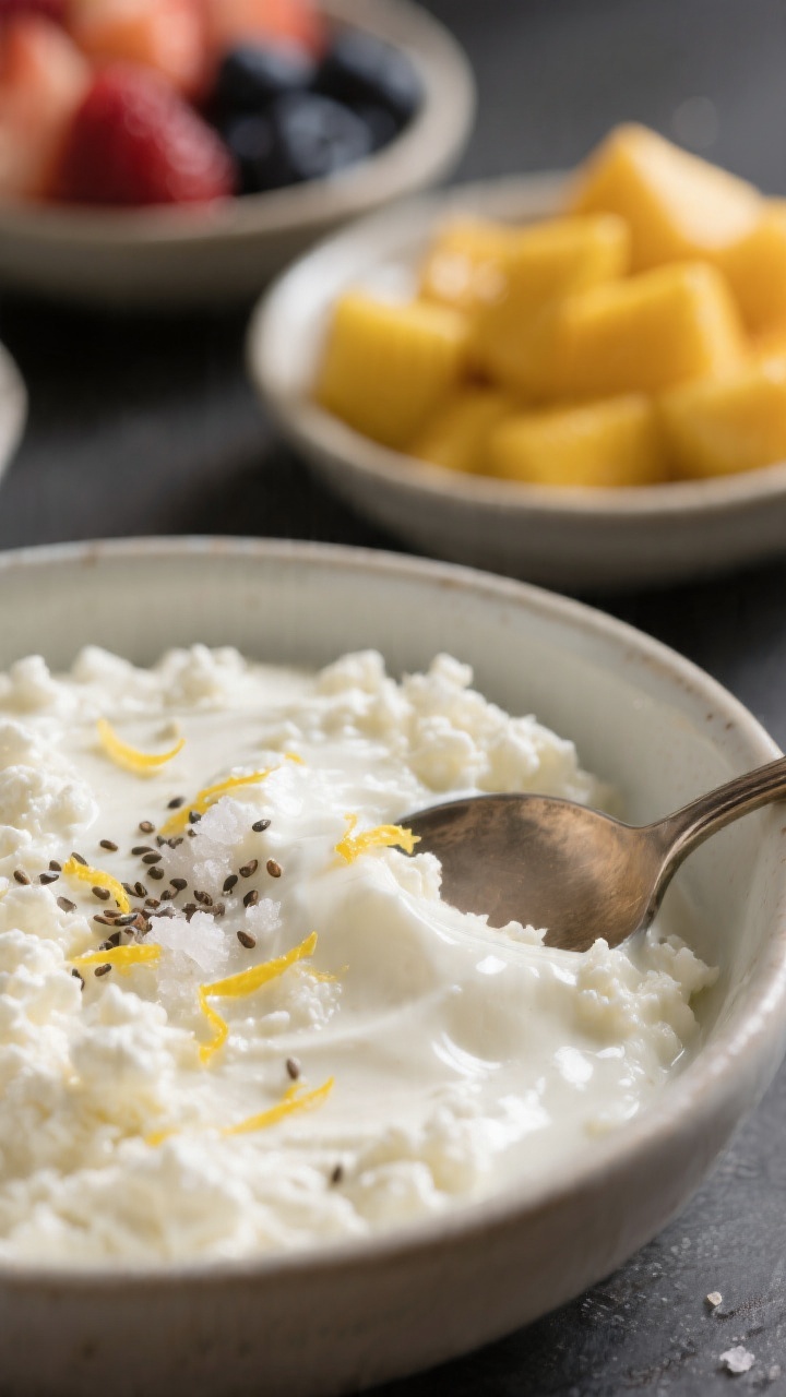 Close-up detail of cottage cheese being smoothed in a bowl with a spoon: creamy small-curd texture w