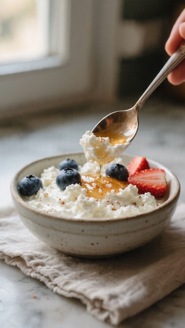 Close-up detail shot: A spoon dragging through stirred cottage cheese in a small ceramic bowl, showi