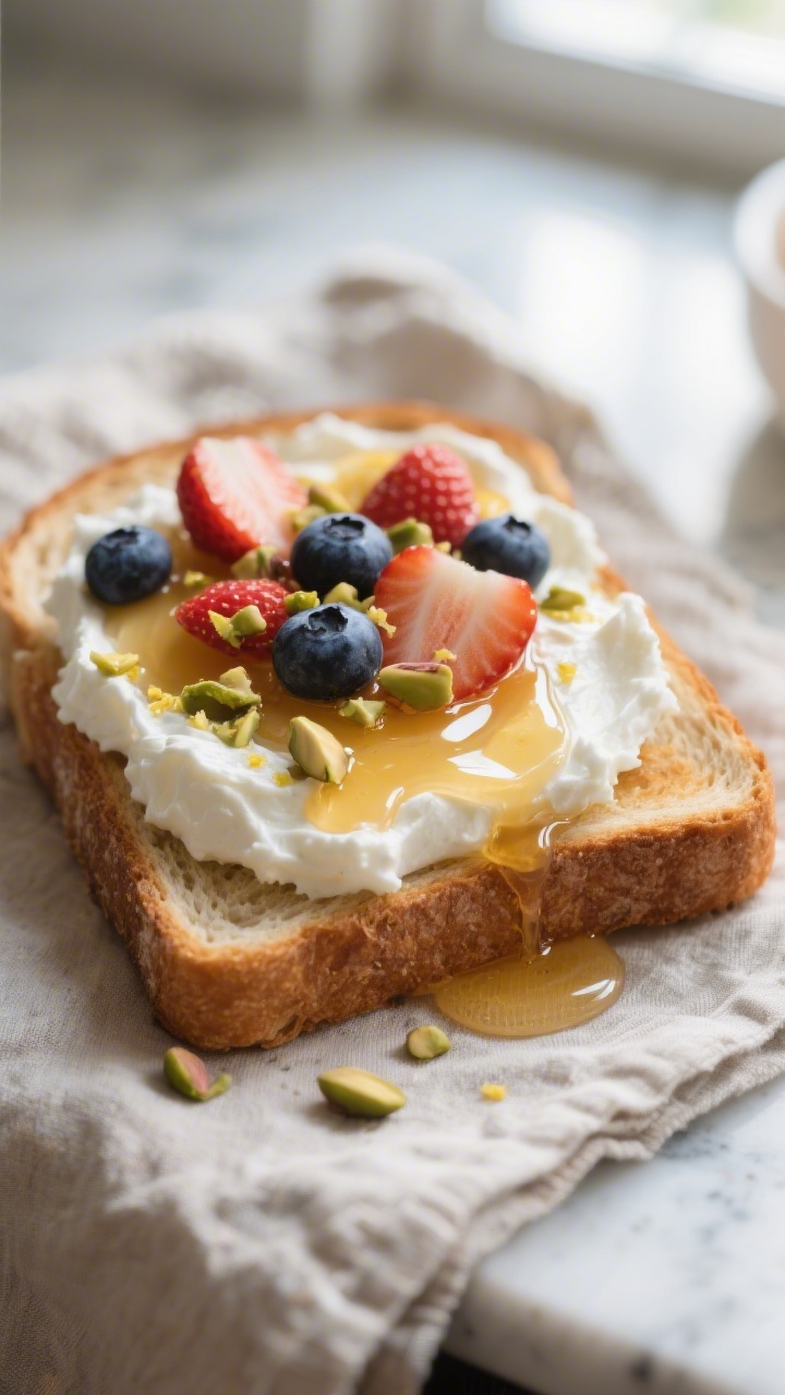 Close-up detail: Warm sourdough toast already topped with a thick layer of whipped cottage cheese, a
