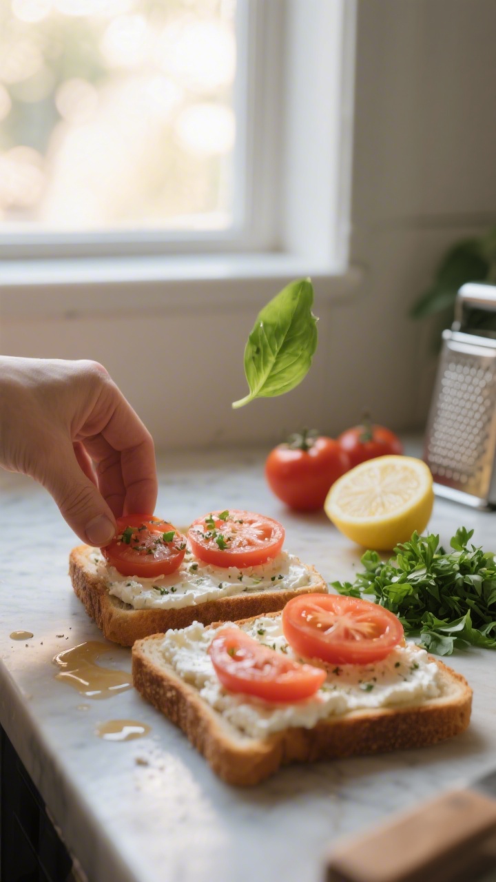 Cooking process: Assembling the toast—seasoned cottage cheese already spread on the first slice, t