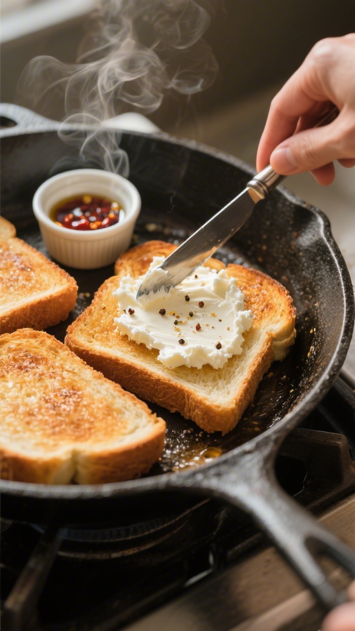 Cooking process: Bread slices in a skillet just finished toasting to a deep golden color, one slice