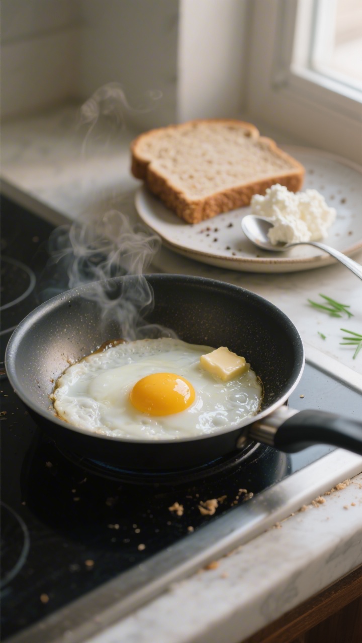 Cooking process: Egg frying over-easy in a small nonstick skillet with a dab of butter sizzling at t