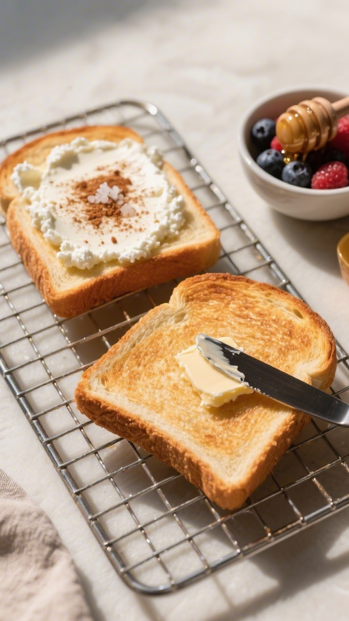 Cooking process: Overhead shot of two slices of bread just toasted golden on a small wire rack, one