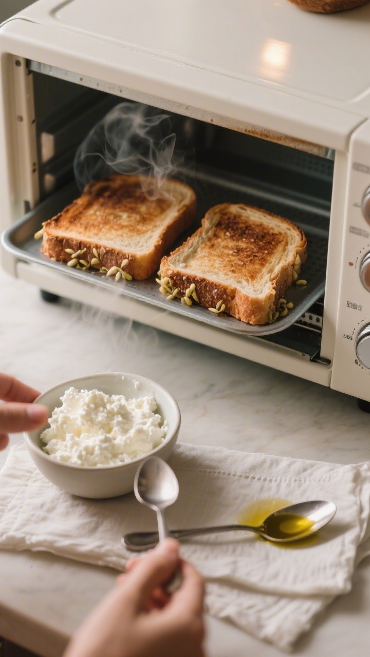 Cooking process: overhead shot of two slices of sprouted bread in a small home toaster oven just fin