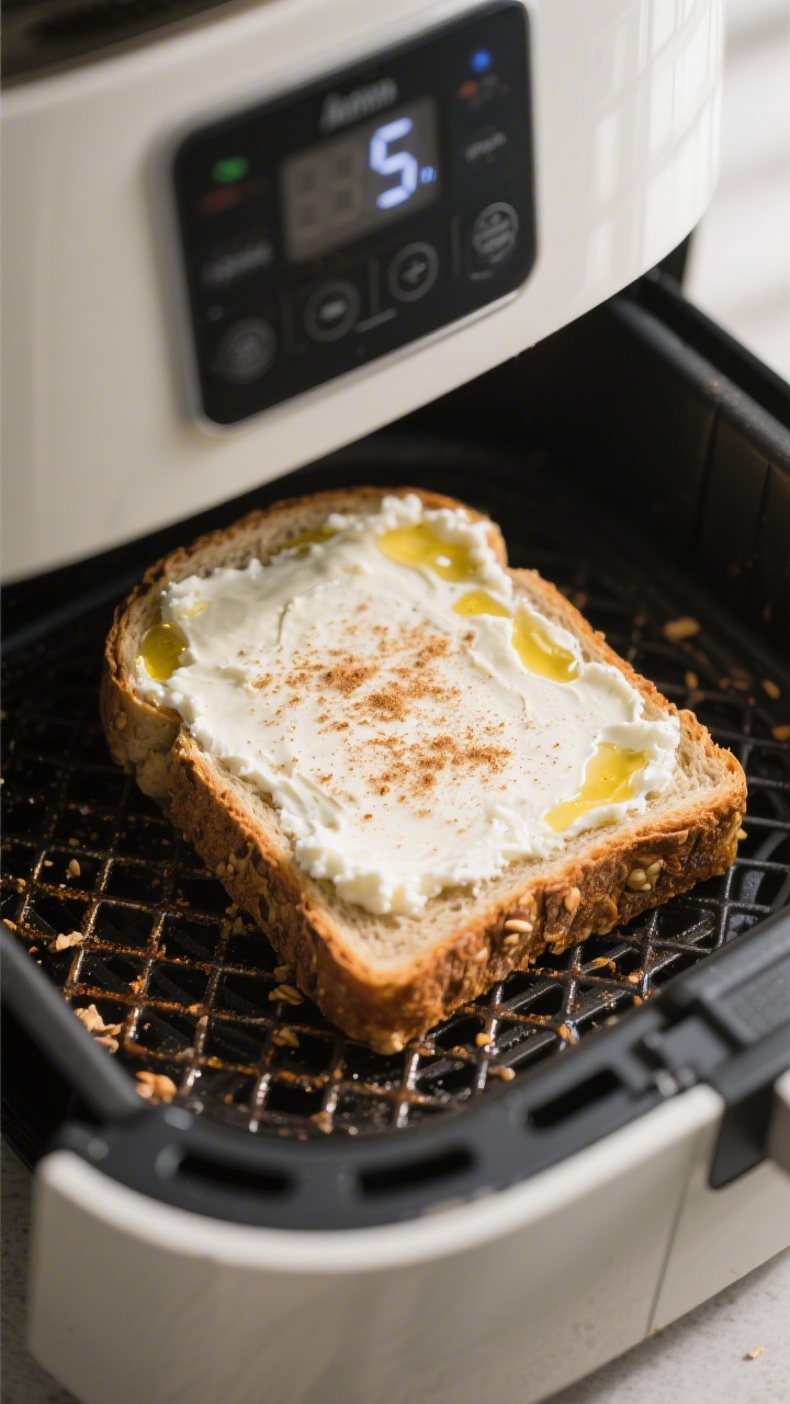 Cooking process: Slice of thick multigrain bread in the air fryer basket mid-cook—edges brushed wi