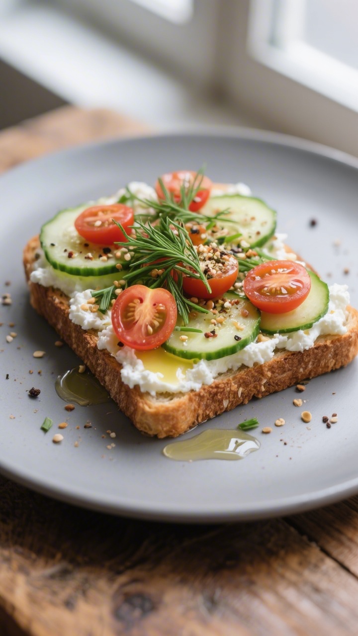 Final dish, savory: beautifully plated cottage cheese toast topped with thin cucumber rounds, halved