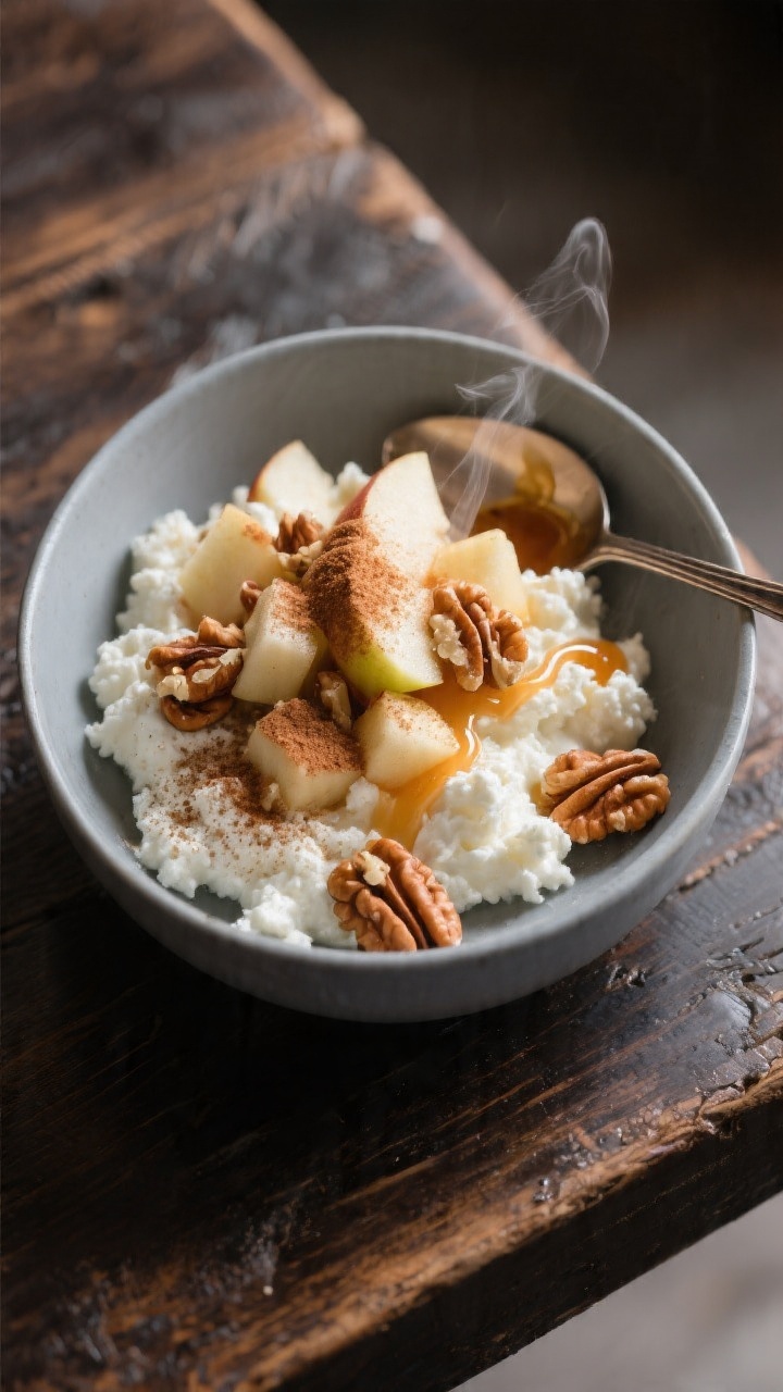 Final plated “Apple Pie Style” variation at a 45-degree angle: cottage cheese topped with warm d
