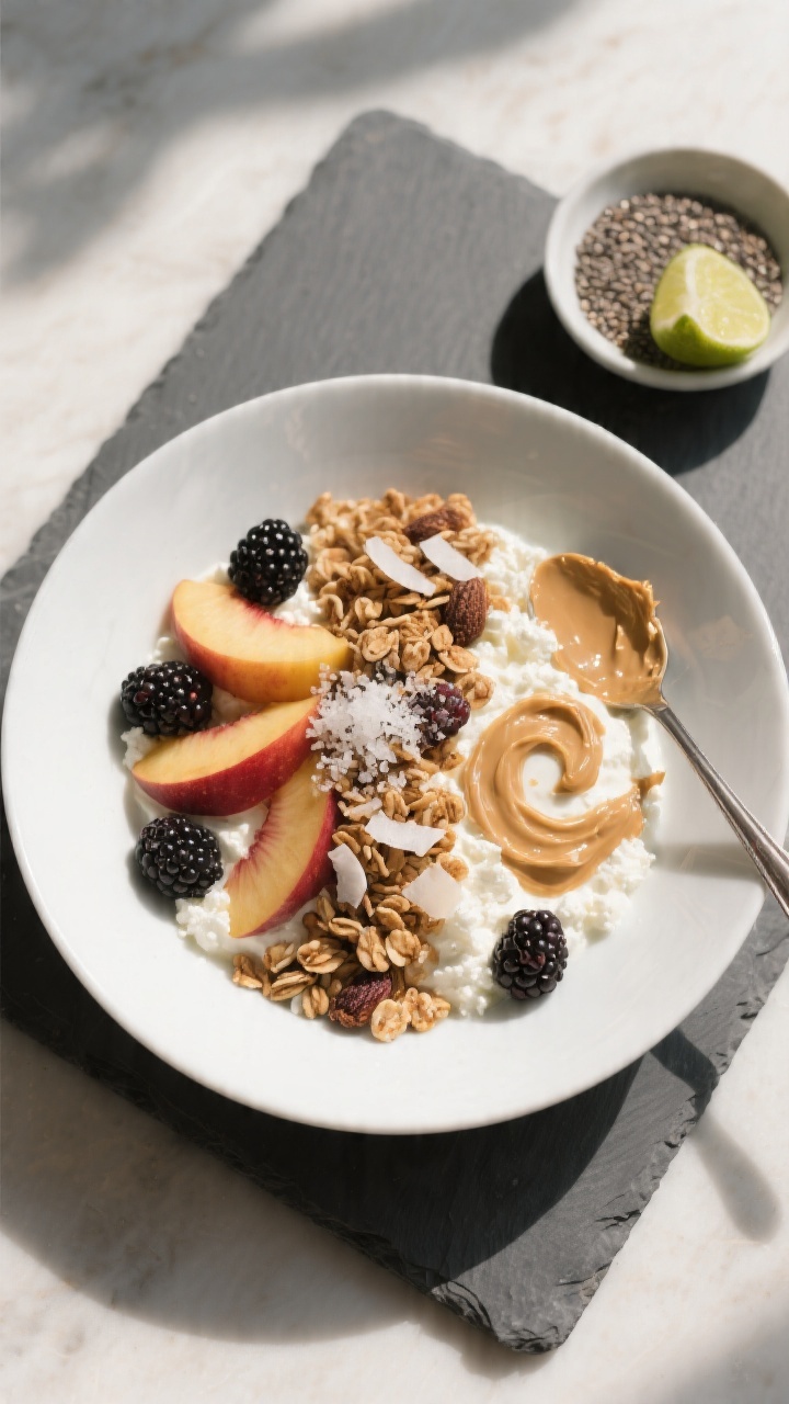 Final plated “bright and hearty” variation: Higher‑calorie version after a workout—cottage c