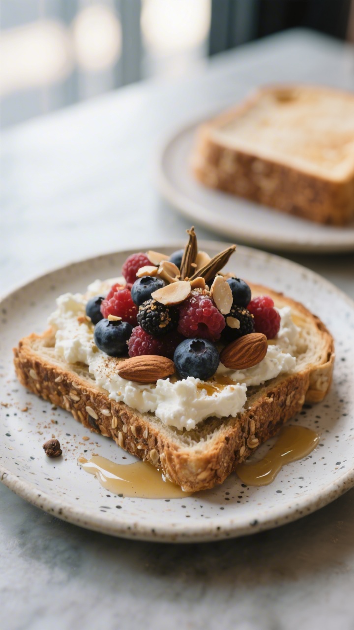 Final plated dish: Café-style presentation on a small speckled ceramic plate—thick-cut multigrain