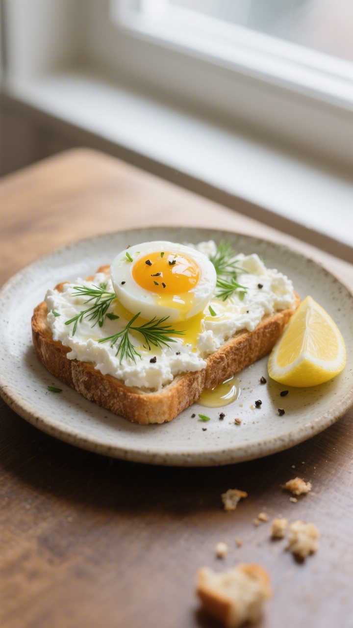 Final plated dish: Single “Egg and Herb” cottage cheese toast on a small stoneware plate—edge-