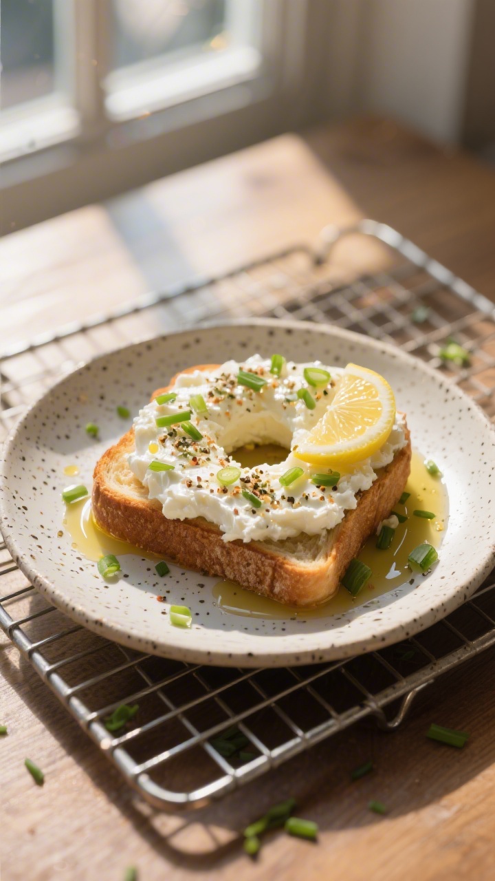 Final plated dish: Single savory “bagel vibe” toast on a small speckled ceramic plate—cottage