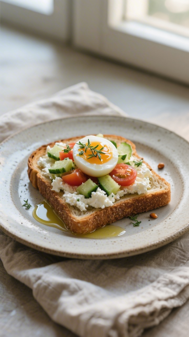 Final plated variation: Mediterranean version—thick toast covered with cottage cheese mixed with c