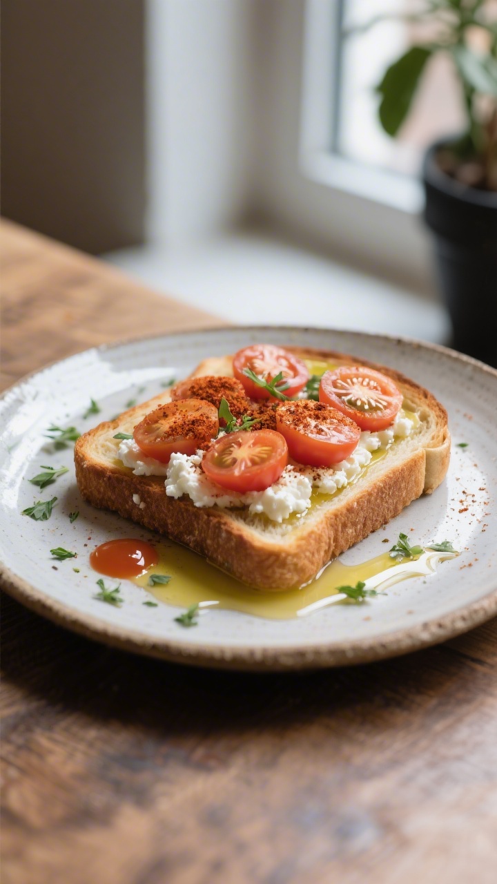 Final presentation: Restaurant-at-home vibe—one slice of the toast on a rustic ceramic plate with