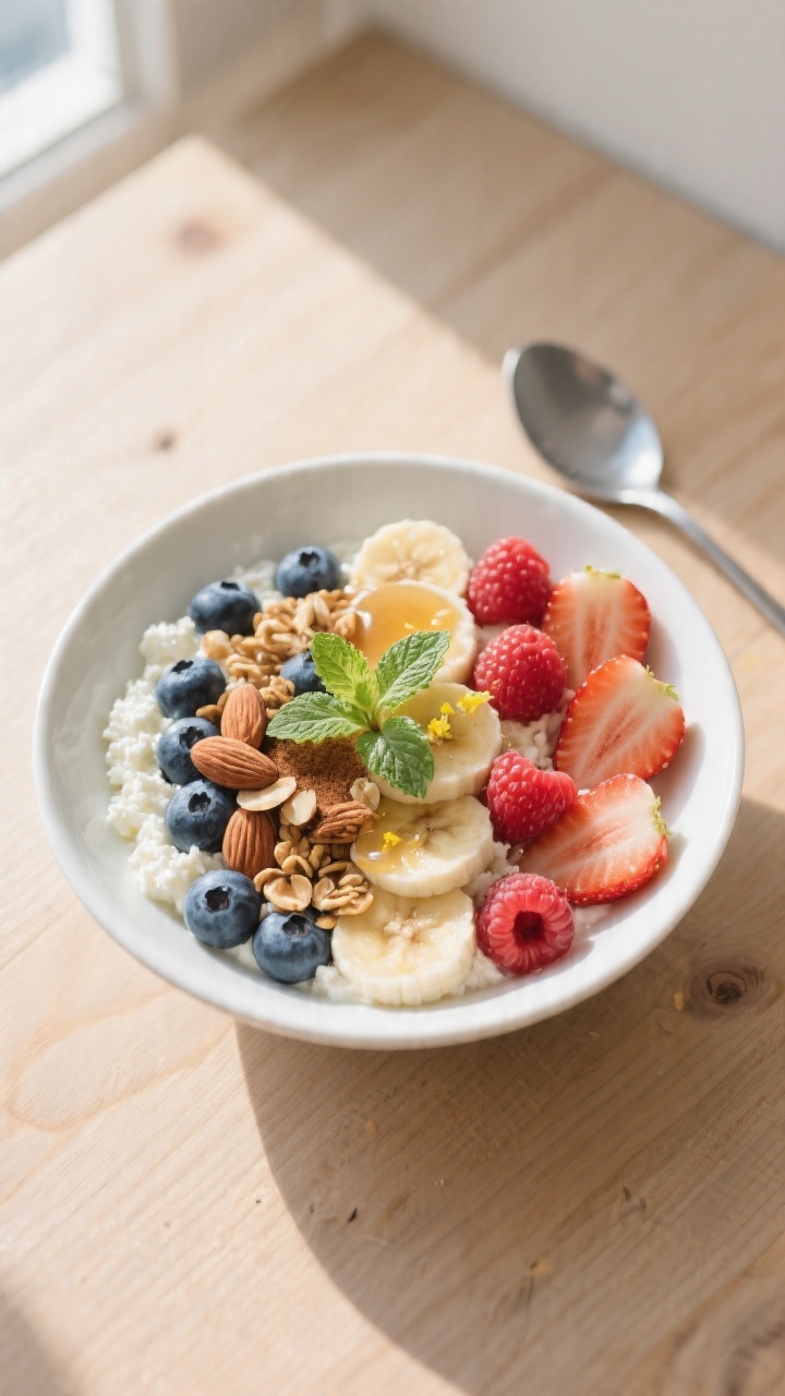 Overhead shot of a fully assembled Cottage Cheese Fruit Bowl: 1 cup stirred cottage cheese spread as