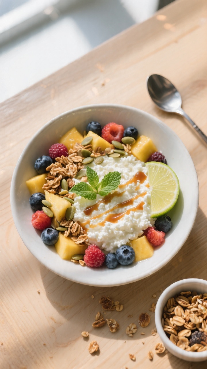 Overhead “tasty top view”: Finished cottage cheese fruit bowl layered neatly—creamy base, a ri