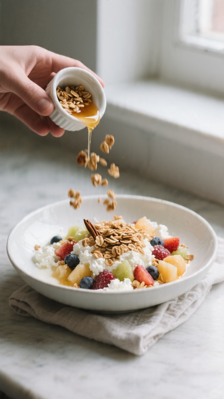 Process/action shot: Assembly in progress—cottage cheese already in a shallow bowl, mixed fruit sp