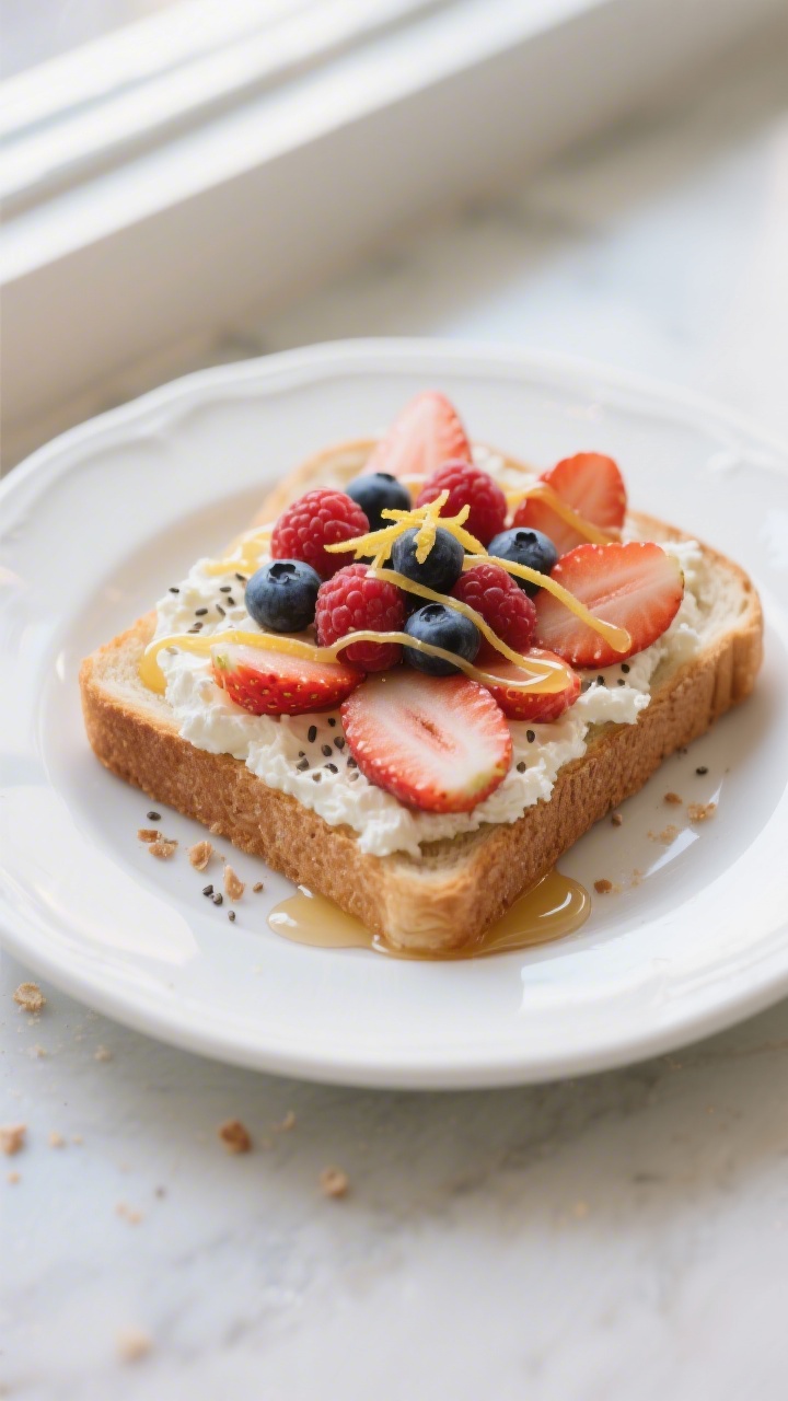 Tasty top view: Fully assembled Sweet Cottage Cheese Toast with Honey & Berries on a simple white pl