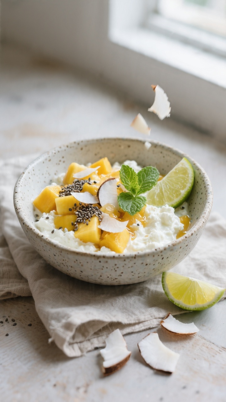 Tasty top view of a “Tropical Bowl” variation: stirred cottage cheese base topped with diced man