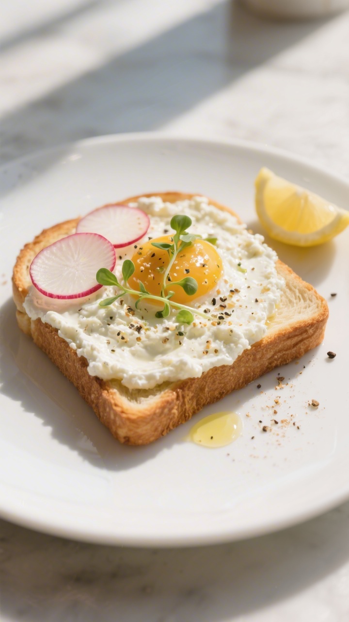 Tasty top view: Overhead shot of finished Cottage Cheese Egg Toast on a simple white plate—spread