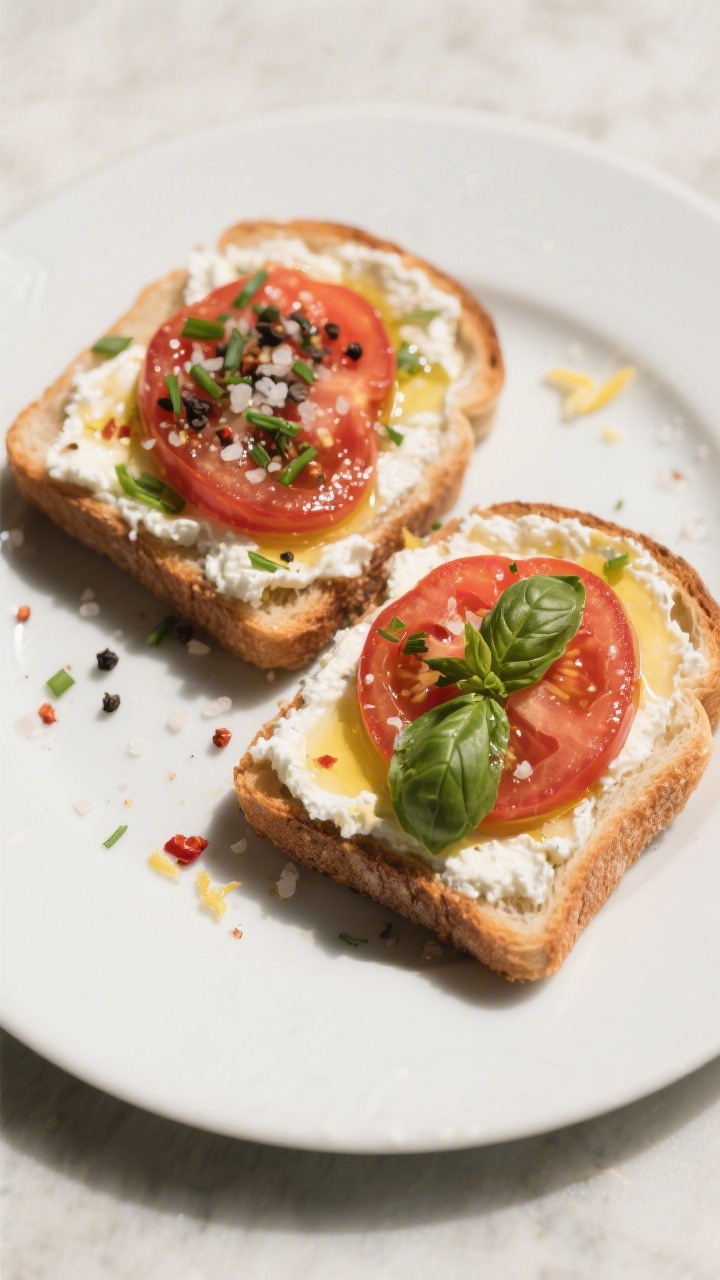 Tasty top view: Overhead shot of the final Savory Cottage Cheese Toast with Tomato & Herbs—two sli