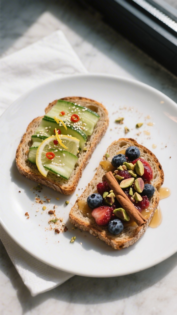 Tasty top view: Overhead shot of two finished toasts on a matte white plate—one savory with cucumb