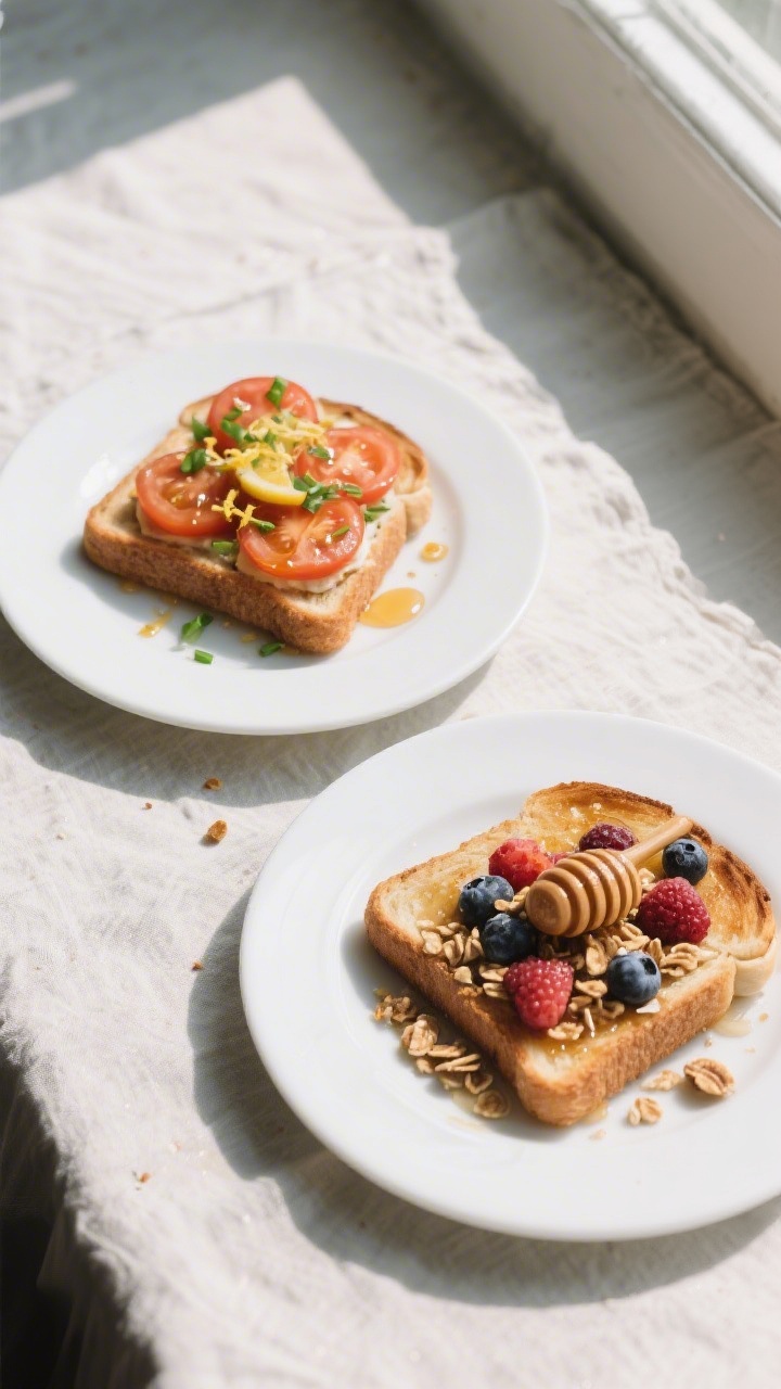 Tasty top view: Overhead shot of two plated toasts—one savory with thin tomato slices, chopped chi