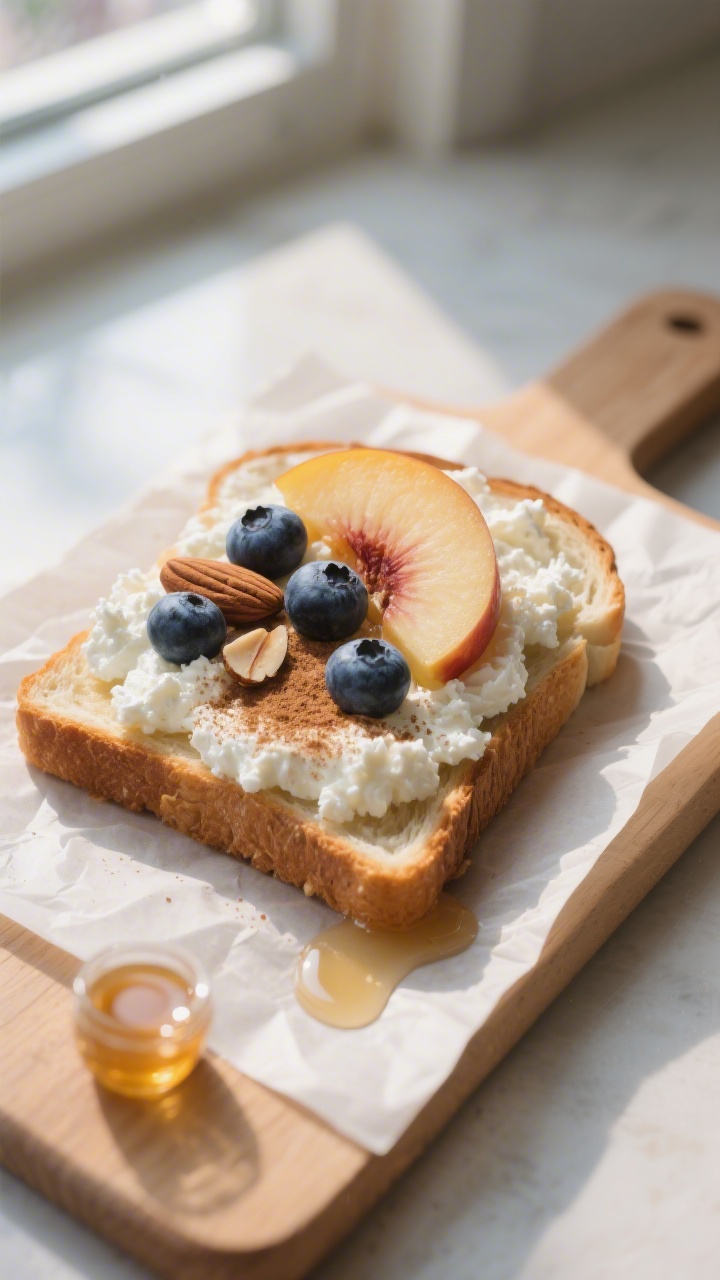 Tasty top view, sweet version: overhead of cottage cheese toast with blueberries, sliced peach, a du