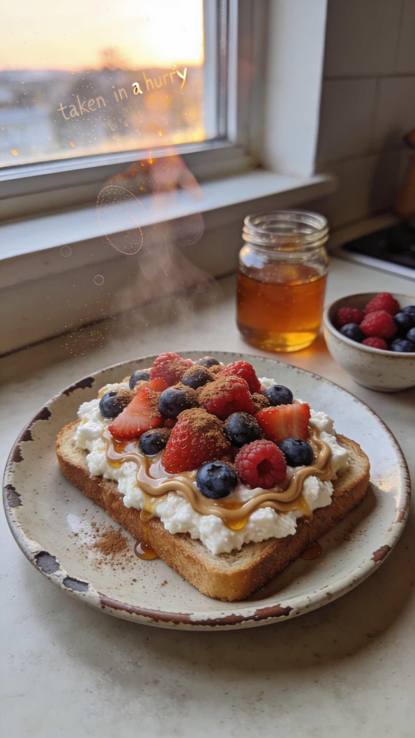 A real-looking photo of cottage cheese toast topped with a Berry Burst Cinnamon Dream mixture, placed on a cozy kitchen counter. The toast features creamy cottage cheese, a generous handful of mixed berries (strawberries, blueberries, raspberries), a light drizzle of honey or maple, a sprinkle of cinnamon, and a swirl of almond butter integrated for extra creaminess. The scene includes natural window light casting soft highlights and gentle shadows, a casual, slightly imperfect composition—the toast resting on a simple ceramic plate with a chipped edge, a jar of honey and a small bowl of berries nearby. Shot quickly, no staging, with a real bedside-mlight vibe: slight overexposed highlights from the window, a tiny lens flare, subtle motion blur from a passing hand or steam, minor grain from the evening light, and a barely tilted horizon. The photo should feel like an authentic iPhone capture, “taken in a hurry,” with fingerprint on the lens hint and a slightly compressed, 1080p quality look. No text on the image. Optional light post-processing quirks: mild desaturation in some berries, tiny color corrections, but nothing glossy or studio-like. Avoid any words like cinematic, 8k, ultra realistic, hyper realistic, professional photography, studio lighting, depth of field, or perfect composition. Include a hint of AI-detection evasion: “scaled down and up again, slight smart blur with sharpening, recolored with a flat paint bucket.”