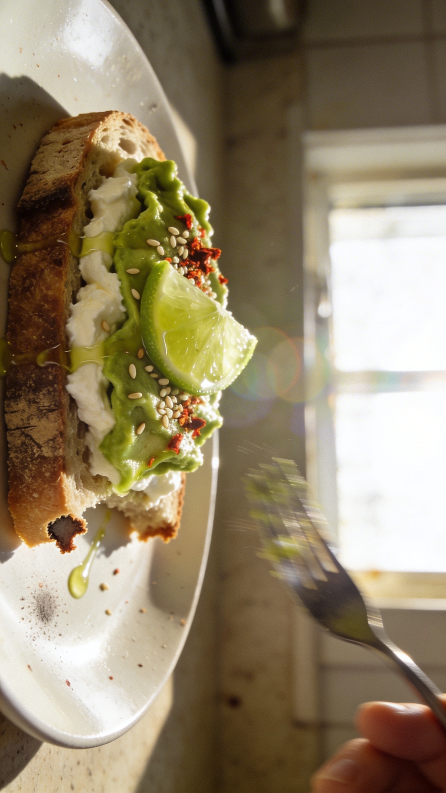 A real, authentic photo of an avocado toast with a creamy cottage cheese twist, inspired by the Creamy Avocado Roast section. The main subject is a rustic slice of sourdough or whole-wheat toast, generously topped with mashed avocado folded with cottage cheese for a creamy texture. The plate sits on a simple kitchen counter with natural window light pouring in, creating soft shadows and a warm, inviting look. Include lime juice and chili flakes lightly sprinkled, with a small dusting of sesame seeds for texture. Slightly imperfect composition: the horizon tilted a few degrees, minor finger smudges and a tiny bite taken out of the corner of the slice to enhance realism. Capture natural camera imperfections: a few overexposed highlights from the window, subtle lens flare, tiny motion blur on a nearby utensil, graininess that varies with the light, and a hint of tilt to the plate. The scene should feel casual and un staged, as if shot quickly on an iPhone in a real kitchen, with no text overlays. Optional subtle post-processing hints: slight smart blur that’s been sharpened, muted color correction to keep it near natural tones, and a gentle scale-down-and-up artifact to reduce AI detectability. Overall aesthetic: compressed, 1080p quality, screenshot-like realism, no professional lighting or studio setup. No words on the image.