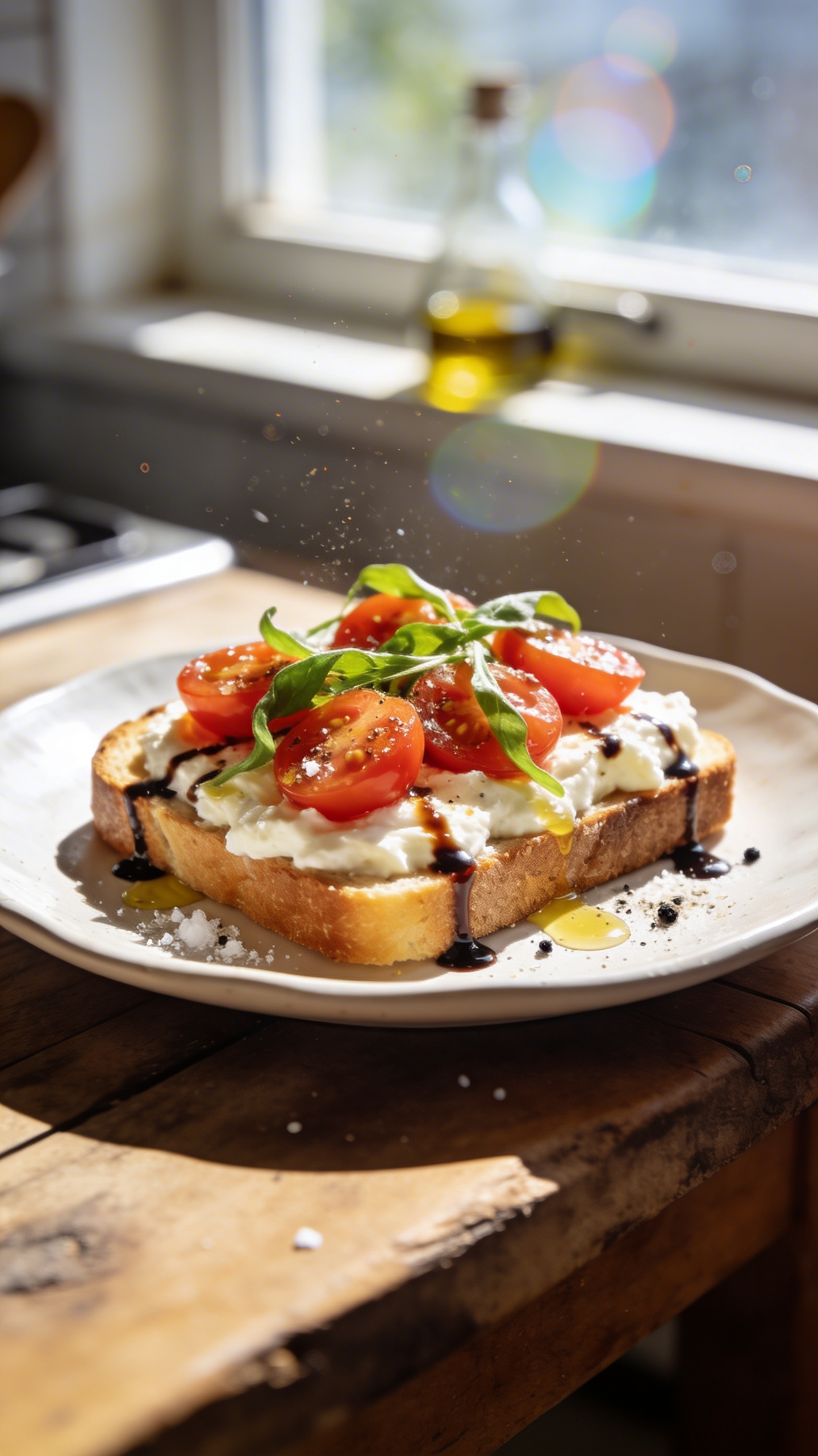 A casually plated Caprese-Inspired Zing cottage cheese toast on a white ceramic plate set on a rustic wooden table by a sunny kitchen window. The toast features cottage cheese topped with halved cherry tomatoes, delicate fresh basil ribbons, a light drizzle of balsamic glaze, a whisper of extra virgin olive oil, and a crack of black pepper with a pinch of salt. The scene should look like a real, unscripted iPhone photo: natural window light streaming in, slight overexposed highlights on the tomatoes and oil, subtle lens flare, a tiny tilt to the horizon, tiny fingerprints or smudges on the lens, and a touch of motion blur from a casual hand-held shot. Colors should be vibrant but natural, with the plate slightly off-center, background softly blurred, and the texture of the toast and cheese clearly visible. No text on the image. The overall vibe: quick snapshot, no staging, compressed 1080p quality, reminiscent of a real morning bite photographed in a hurry. Optional: a light, imperfect post-processing touch that keeps it look-like but not over-polished.