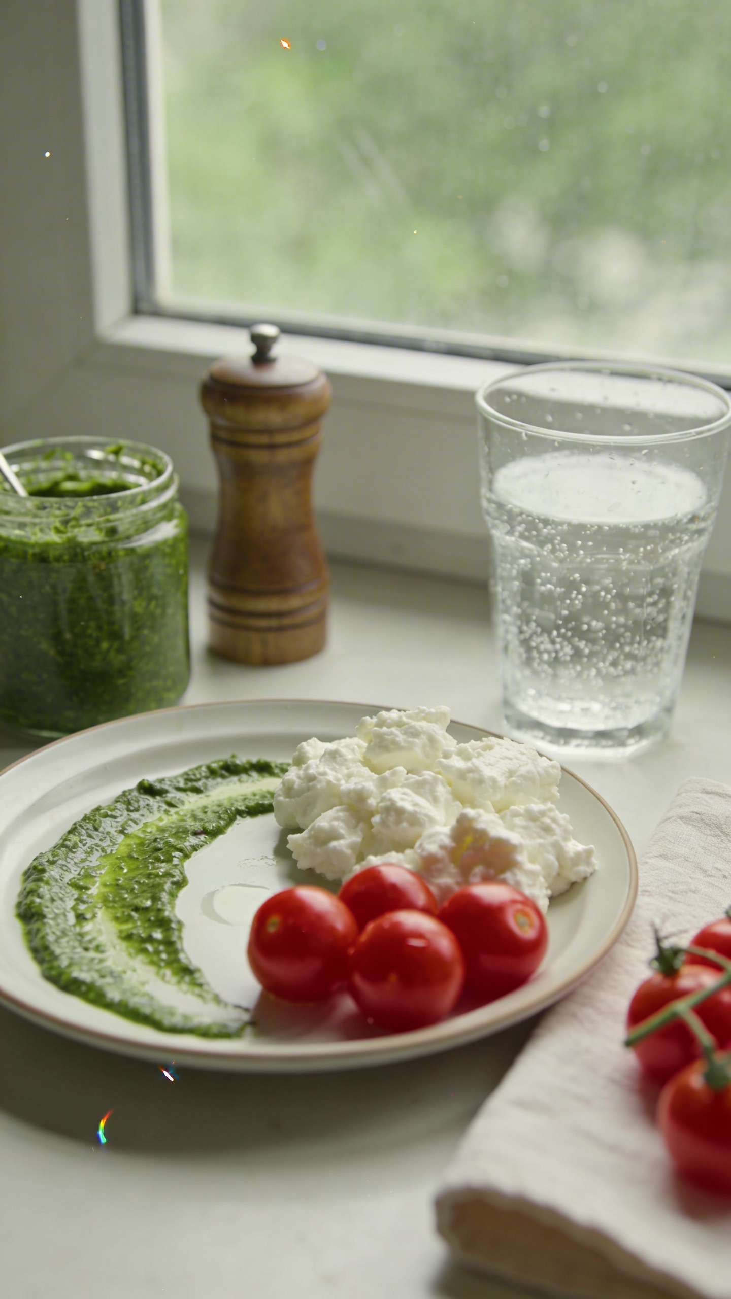 A casual, authentic kitchen table scene featuring a small, open plate of cottage cheese with a thin smear of vibrant green pesto spread across the top, followed by generous dollops of cottage cheese and a few bright cherry tomatoes resting on the side. The setup should feel like a real, unscripted moment: a jar of pesto, a pepper grinder, and a glass of sparkling water nearby, all softly lit by natural window light. The composition is slightly imperfect and candid, as if captured quickly on a hand-held phone. Include subtle imperfections: a few reflections on the plate, a tiny fingerprint on the lens, a slight tilt of the horizon, gentle overexposed highlights where light hits the glass, and mild motion blur on a napkin edge or tomato stem to imply spontaneity. The color palette should be fresh and inviting, with the pesto’s herbaceous green contrasting with creamy cottage cheese and red tomatoes. The image should feel like a real photo taken with an iPhone—no staging, no text, and no obvious post-production polish. Mentioned in a hurry, thrown-together vibe: “shot quickly,” “no staging,” “fingerprint on lens,” “compressed, 1080p quality,” “screenshot quality.” Optional subtle post-processing hint: a light, flat contrast tweak that hints at slight smart blur and a gentle recolor, but maintain natural, everyday realism. No words or captions in the image.