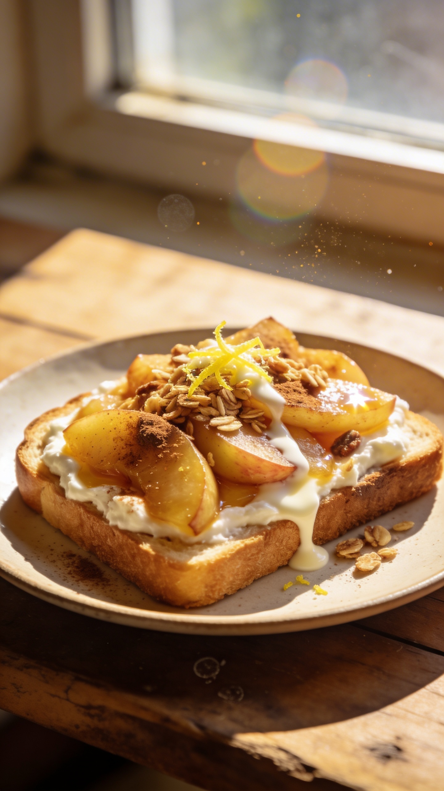 A cozy breakfast scene centered on a slice of toast topped with warm sautéed apples, cinnamon, and a creamy cottage cheese base, set on a rustic wooden table by a sunny window. The toast shows a sprinkle of granola for crunch, a hint of grated lemon zest, and a delicate drizzle of vanilla yogurt. Capture a real, authentic photo that feels spontaneous and homestyle—shot quickly, no staging, no overproduced lighting. Use natural window light streaming in, a casual, imperfect composition with a slightly tilted horizon. Include realistic phone-camera quirks: tiny overexposed highlights on the apple glaze, gentle lens flare from the window, minor motion blur from a casual angle, grain that varies with light, and a few fingerprints or dust specks on the lens. Avoid any text in the frame; the image should look like a candid iPhone photo, with compressed, 1080p quality and a touch of post-processing that keeps it natural (a hint of slight smart blur with sharpening and mild color flattening). The main subject remains the cottage cheese toast with Sunrise Cinnamon Apple Crunch as the focal point, in a warm, inviting kitchen-at-home setting.