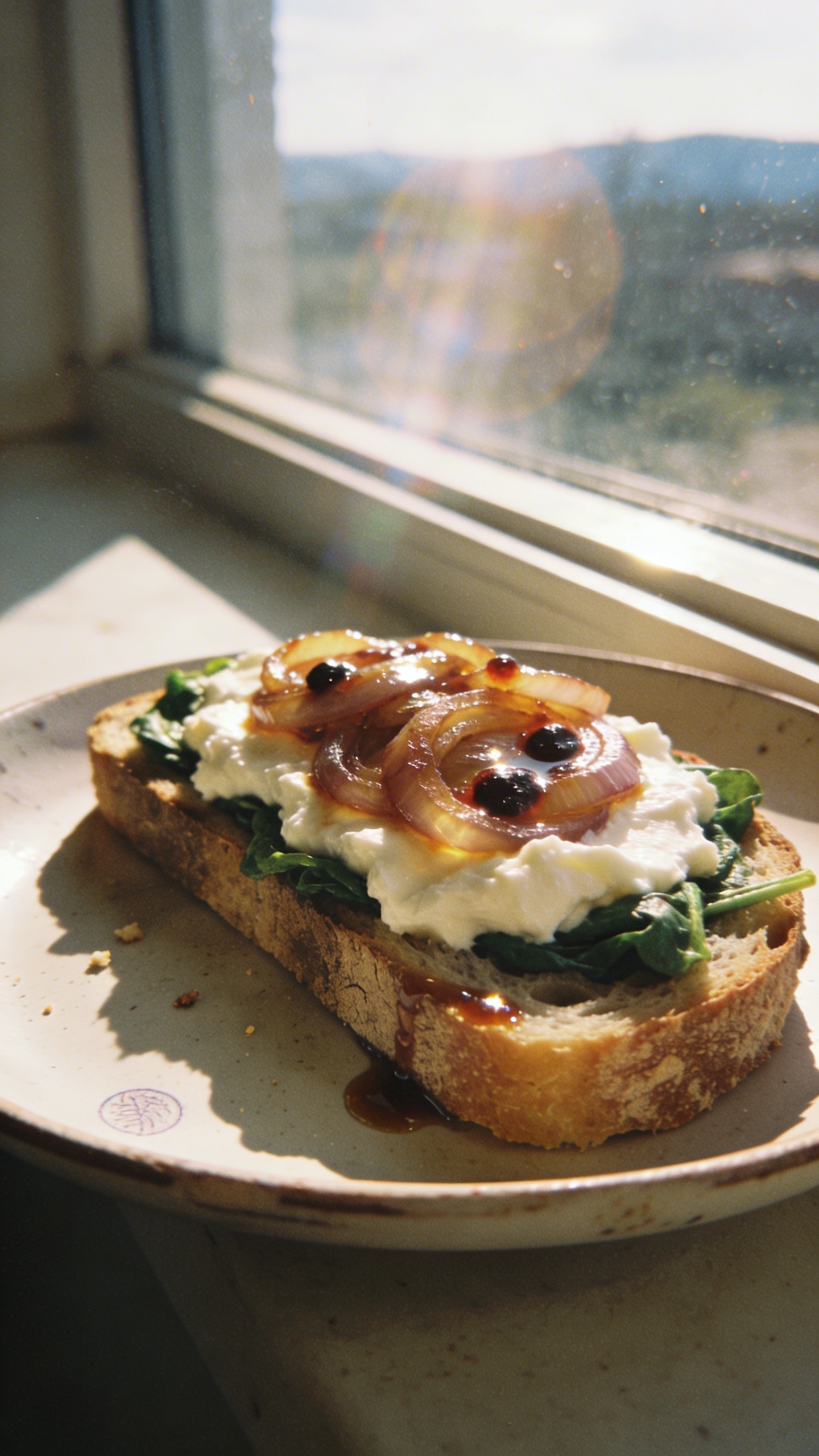 A candid, real-life photo of a hearty cottage cheese toast featuring caramelized onion and wilted spinach on a sturdy sourdough slice, photographed as if quickly grabbed from a kitchen counter. The main subject is a single thick slice of sourdough topped with a generous layer of creamy cottage cheese, glossy caramelized onions jammy in spots, and wilted spinach tucked around the edges. Natural window light streams in from the side, casting soft shadows and a warm, inviting glow. The scene includes casual, imperfect elements: a slightly tilted plate or cutting board, a few tiny crumbs, a faint fingerprint on the edge of the plate, and perhaps a tiny smear of jammy onion glaze near the crust. The image should feel like a real photo taken in a home kitchen, not staged or edited to look professional. Slight overexposed highlights on the cottage cheese, gentle lens flare from the window, subtle motion blur from a quick glance or movement, and a touch of grain that varies with the light. Horizon lines may be a touch askew, and the overall frame has a relaxed, everyday vibe—shot quickly, with no staging, phone camera imperfections visible and natural. The quality should resemble compressed 1080p, with no text or added graphics, and no cinematic or hyper-real labels. Optional light post-processing hints: minimal, such as slight smart blur or minor color balance tweaks, but nothing that makes it look staged or overly polished. The image conveys a satisfying, snack-time moment that could serve as a light lunch. No words or captions.