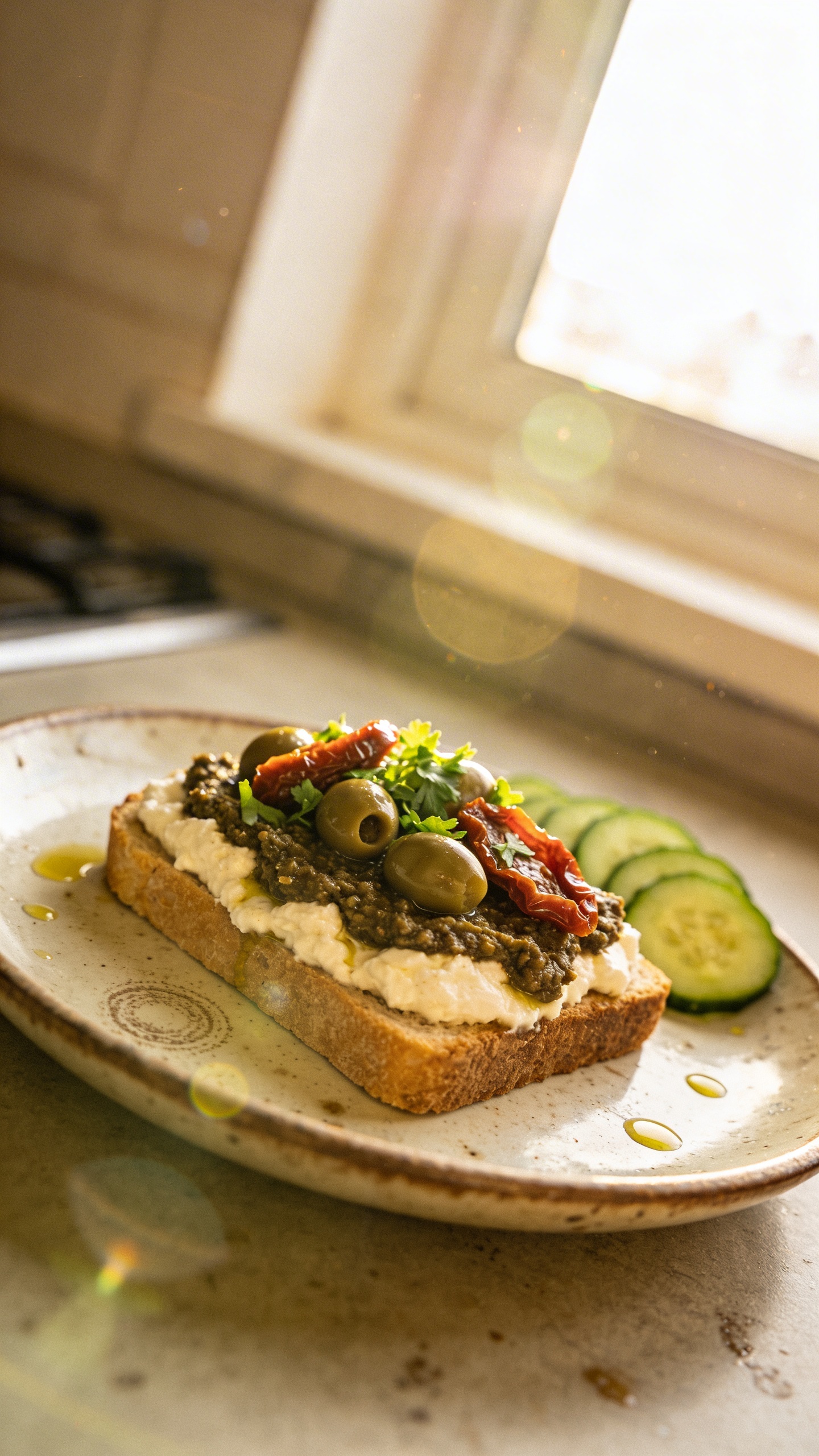 A real-looking photo of a cottage cheese toast topped with olive tapenade, sun-dried tomatoes, and chopped parsley on a rustic ceramic plate. The main subject is the Mediterranean Olive Tapenade toast, with fresh cucumber rounds nearby for crunch. The scene is lit by natural window light, captured in a casual, un-staged kitchen setting. Slightly imperfect, authentic details: a few tiny droplets of olive oil, fingerprint smudges on the plate, a tiny tilt in horizon, subtle overexposed highlights from the window, gentle lens flare, and minor motion blur from a casual hand-hold. The image should feel like it was taken quickly with a phone, 1080p-ish quality, no text or branding, no heavy formatting. Include slight grain, a touch of post-processing that keeps it natural but not overly polished (e.g., small smart blur and gentle contrast boost, but still looks like real life). No words anywhere.