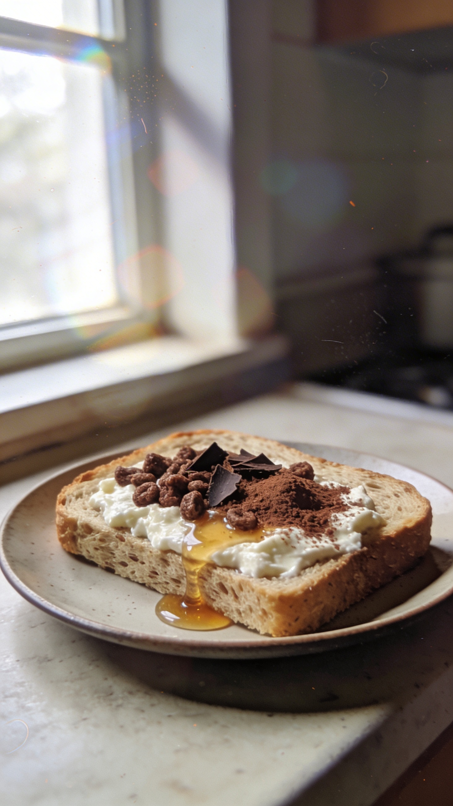 A real, authentic photo of a toasted slice with cottage cheese and cocoa cocoa crunch ingredients, sitting on a casual kitchen counter near a window. The toast is on a simple plate with a sprinkle of cocoa powder, a few dark chocolate shavings, and a light drizzle of honey. The slice is on light-rye or grain bread, showing a creamy cottage cheese layer underneath a cocoa dusting, with a few chocolate shavings catching the light. Natural window light from the left creates soft shadows, a slightly imperfect, candid vibe. The scene is shot quickly, no staging, with a casual, everyday breakfast mood. Slight overexposed highlights from the window, gentle lens flare, minor motion blur from a hand‑held shot, a touch of grain, and a subtly tilted horizon. No text, no branding. Fingerprint on lens and a hint of post-processing that keeps it looking real: compressed 1080p quality, slight smart blur with sharpening, recolored with a flat paint bucket.