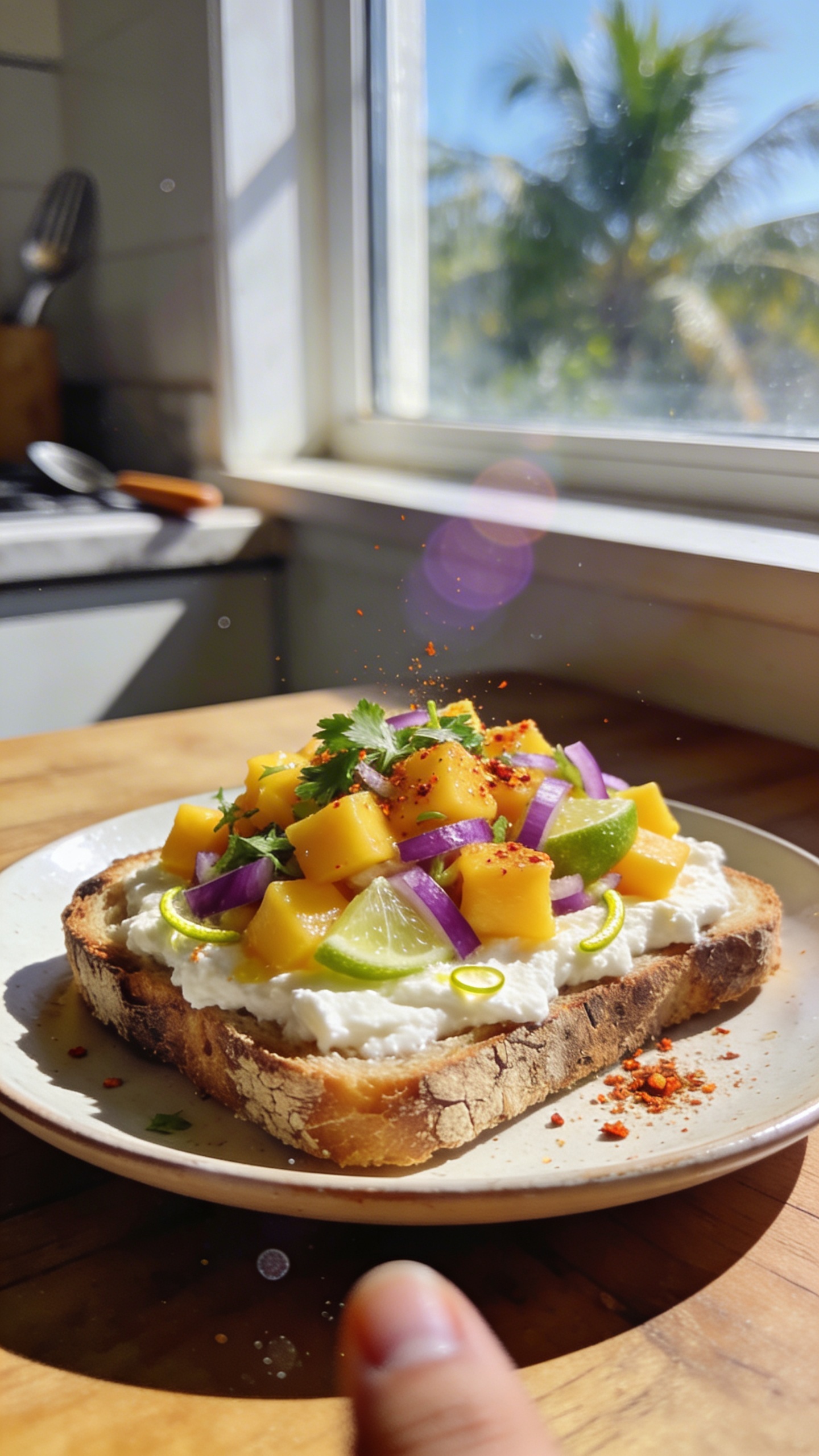 A real-looking photo of a plate of cottage cheese toast with Tangy Sunrise Mango Salsa as the main subject, presented on rustic crusty bread. The scene is shot casually in natural window light, as if captured in a hurry on an iPhone. Include juicy mango dice, red onion, cilantro, lime juice and zest, and a light dusting of crushed chili flakes on a bright, tropical-tinted toast. The plate sits on a simple wooden table by a sunlit window, with slight overexposed highlights and a subtle, natural lens flare from sunlight. Slight motion blur or a tiny shake from holding the phone, a slightly tilted horizon, and minor grain to reflect different lighting. No staging or professional setup; finger on lens or light fingerprint specks may appear. The toast should look appetizing yet imperfect, as if photographed quickly for a casual brunch spread. No text on the image. Optional subtle post-processing hints: scale down and up again, slight smart blur with sharpening, recolored with a flat paint bucket to reduce AI detectability. Compositional notes: main subject (toast with mango salsa) centered but with a casual angle, background hints of a kitchen counter and a blurred utensil, natural colors, no branding. Compressed, 1080p quality look, no cinematic or ultra-professional terminology.
