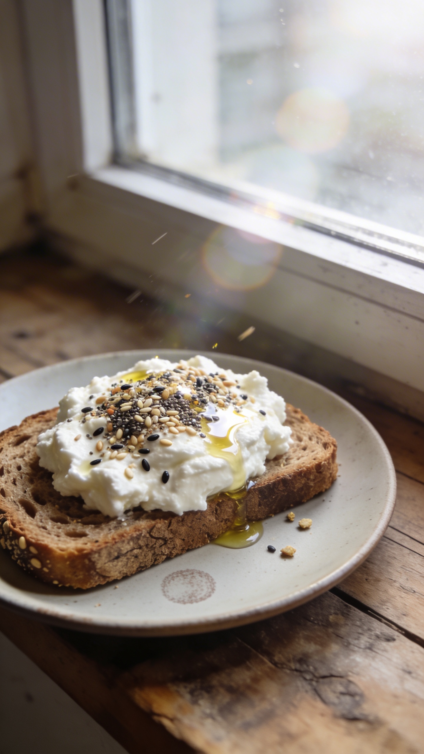 A real, authentic photo of cottage cheese toast topped with everything bagel seasoning, captured as if an everyday person snapped it on an iPhone. The scene is casually set on a rustic wooden countertop near a window with natural daylight streaming in, creating soft, slightly imperfect shadows. The toast sits on a simple plate with hearty rye or sourdough bread visible beneath the dollop of bright white cottage cheese, generously sprinkled with everything bagel seasoning, sesame seeds, and poppy seeds for texture. A light drizzle of olive oil glints on top. Subtle, natural imperfections: a few crumbs, a tiny fingerprint smear on the plate, a slight tilt of the horizon, gentle lens flare from the window, and minor overexposed highlights on the cheese. The photo has a slightly compressed, 1080p feel with minor motion blur in the background hints, no staged pose, no words or text, no post-processed cinematic look—just “shot quickly” and “no staging,” as if taken in a hurry with a casual, imperfect vibe. Optional subtle, real-world post-processing hints kept minimal: small smart blur and gentle color lift, still looking like a casual everyday shot.