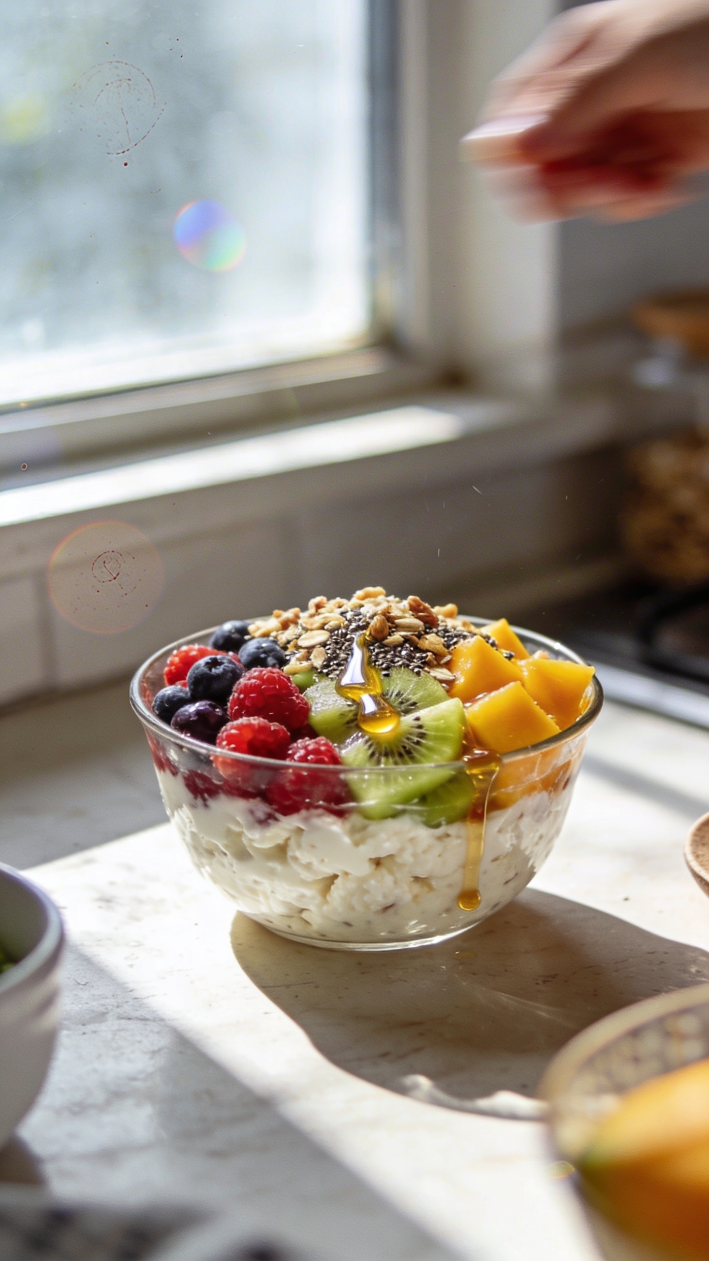 A real-looking, candid breakfast photo of a fruity-spark protein parfait bowl featuring cottage cheese as the creamy base, taken as if on an iPhone. The bowl sits on a casual kitchen counter by a sunlit window, with natural, soft morning light casting gentle shadows. The bowl should showcase a generous scoop of full-fat or 2% cottage cheese, layered with a vibrant mix of berries, kiwi, and mango for color contrast, with a light drizzle of honey and a sprinkling of crunchy seeds or granola on top. Include a slightly imperfect, everyday setup: a slightly tilted horizon, a touch of overexposed highlights from the window, minor lens flare, and a faint fingerprint mark on the lens suggesting “taken in a hurry.” The image should have a realistic, unposed feel—no staging, no studio lighting, clearly resembling a quick smartphone snap. Keep the texture natural with grain that varies with light and a hint of motion blur from a casual reach or small hand in the frame. Avoid any words in the image. Optional subtle post-processing notes: scaled down and up again, slight smart blur with light sharpening, recolored with a flat, natural look to resemble a casual, everyday photo. The composition should center the parfait bowl as the main subject, with surrounding elements blurred just enough to emphasize the bowl without looking staged. No text on the image.