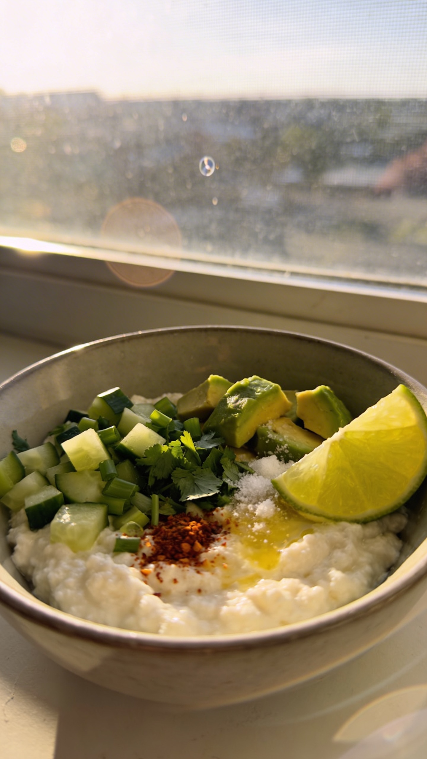 A casual, authentic-looking photo of a high-protein cottage cheese breakfast bowl inspired by a spicy cilantro-lime savory version. The main subject is the bowl of cottage cheese topped with diced cucumber, green onion, chopped cilantro, a pinch of chili flakes, avocado segments, and a bright lime wedge, all mixed with a squeeze of lime and a pinch of salt. The bowl sits on a simple surface near a window, with natural morning light streaming in. Slightly imperfect, real-life vibe: gentle overexposed highlights on the surface of the cottage cheese, a tiny lens flare from the window, minor motion blur from a quick hand placement, and a subtle grain that varies with the lighting. The horizon appears slightly tilted, and there are tiny imperfections like a fingerprint on the lens and soft, warm color tones from ambient light. No staged props or text, just a real, everyday kitchen moment captured as if taken on an iPhone, with a compressed, 1080p quality feel and a casual, “shot quickly” atmosphere. Optional light post-processing: very mild, to keep it looking natural and filmic, avoiding any obvious AI-typical enhancements. No words or branding visible in the image.