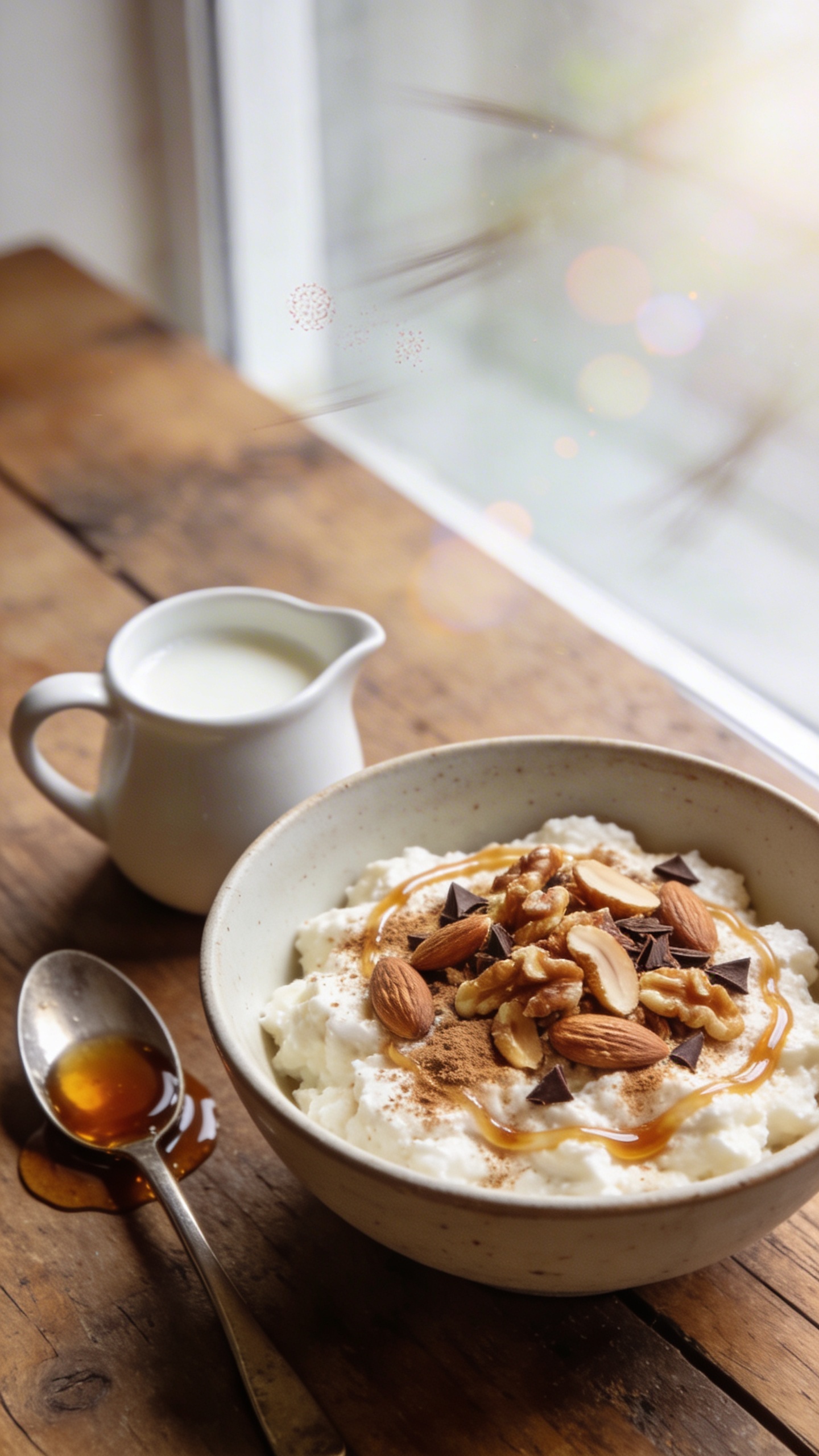 A real, authentic photo of a maple-nut crunch bliss cottage cheese breakfast bowl, the main subject from the article title, captured in natural window light with a casual, slightly imperfect vibe. The bowl sits on a rustic wooden morning table next to a small pitcher of milk and a teaspoon with a drizzle of maple syrup on the side. Cottage cheese base appears light and fluffy, topped with toasted almonds or walnuts, a light dusting of cinnamon, a few cacao nibs for a chocolatey wink, and a gentle swirl of maple syrup folded in. The scene is shot quickly, no staging, as if taken in a hurry with an iPhone. Slight overexposed highlights from the window, subtle lens flare, minor motion blur from a breeze, and a touch of natural grain to reflect varying light. The horizon is slightly tilted, and there may be fingerprint on the lens. The photo is compressed, 1080p quality, no text on the image. Optional subtle post-processing effects: a light smart blur with sharpening to hint at a minor post-processing touch, and recolored with a flat paint bucket look, while keeping it feel-real and not overly polished. No words appear in the image.