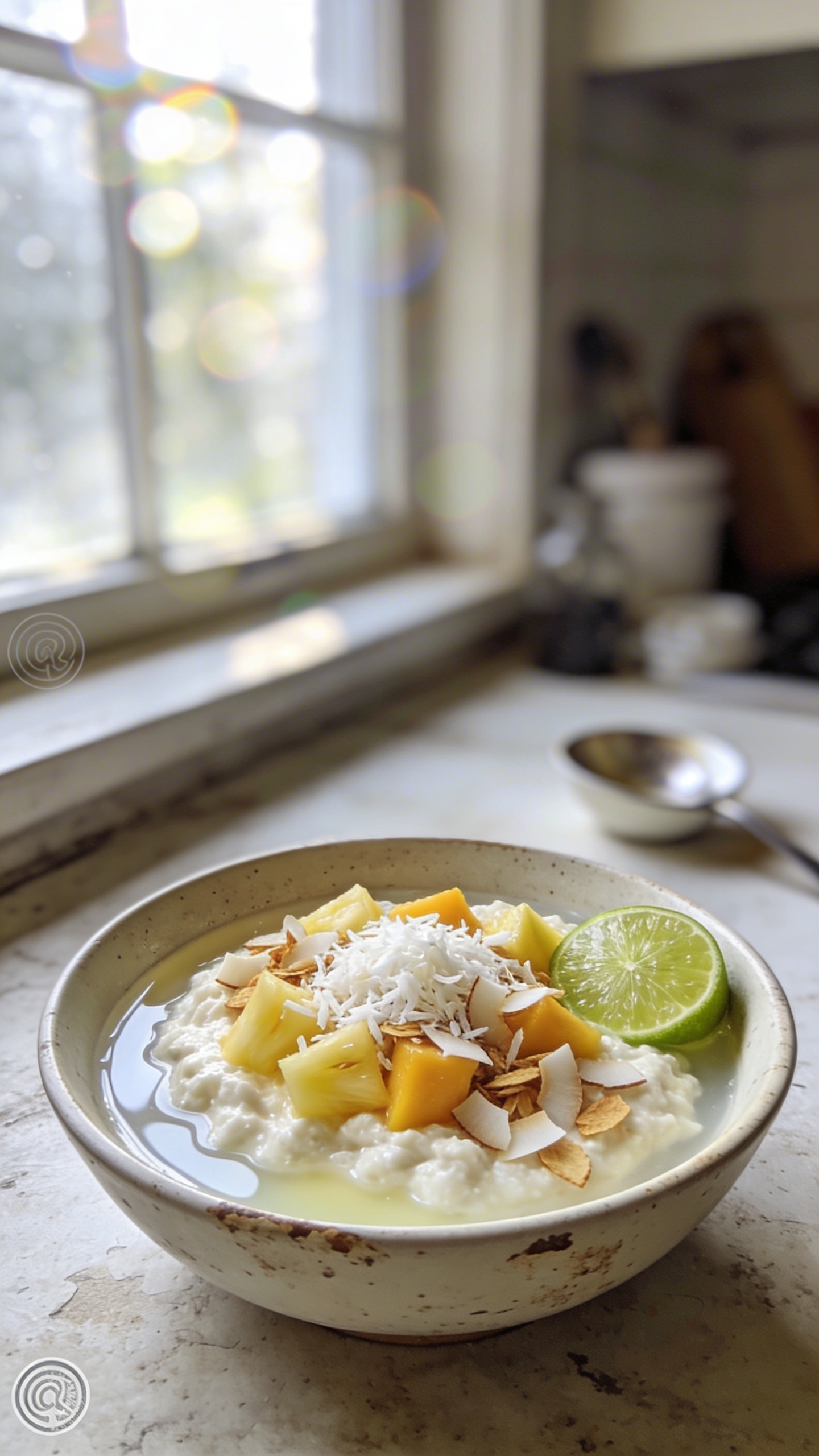 A real, authentic photo of a tropical coconut-lime breeze cottage cheese breakfast bowl, centered on a rustic kitchen counter near a sunlit window. The bowl contains creamy cottage cheese blended with a silky layer of coconut water, topped with unsweetened shredded coconut for texture, diced pineapple and mango for bright acidity, a squeeze of fresh lime, and a sprinkle of toasted coconut chips. The scene shows natural, casual setup: a slightly imperfect, homey vibe with a light, airy tabletop, a few kitchen items in the background, and a small bowl or spoon nearby. Lighting is natural window light, with gentle overexposed spots and subtle lens flare from the sun. Slightly tilted horizon, minor motion blur from a casual moment, and a few grainy textures in the shadows to emphasize realism. No staged props or text, no digital retouching—just “shot quickly,” “taken in a hurry,” and a fingerprint on the lens in one corner for authenticity. Compressed, 1080p quality, no words on the image. Optional subtle post-processing hint: a tiny bit of smart blur and a flat recolor to mimic a quick, imperfect edit.