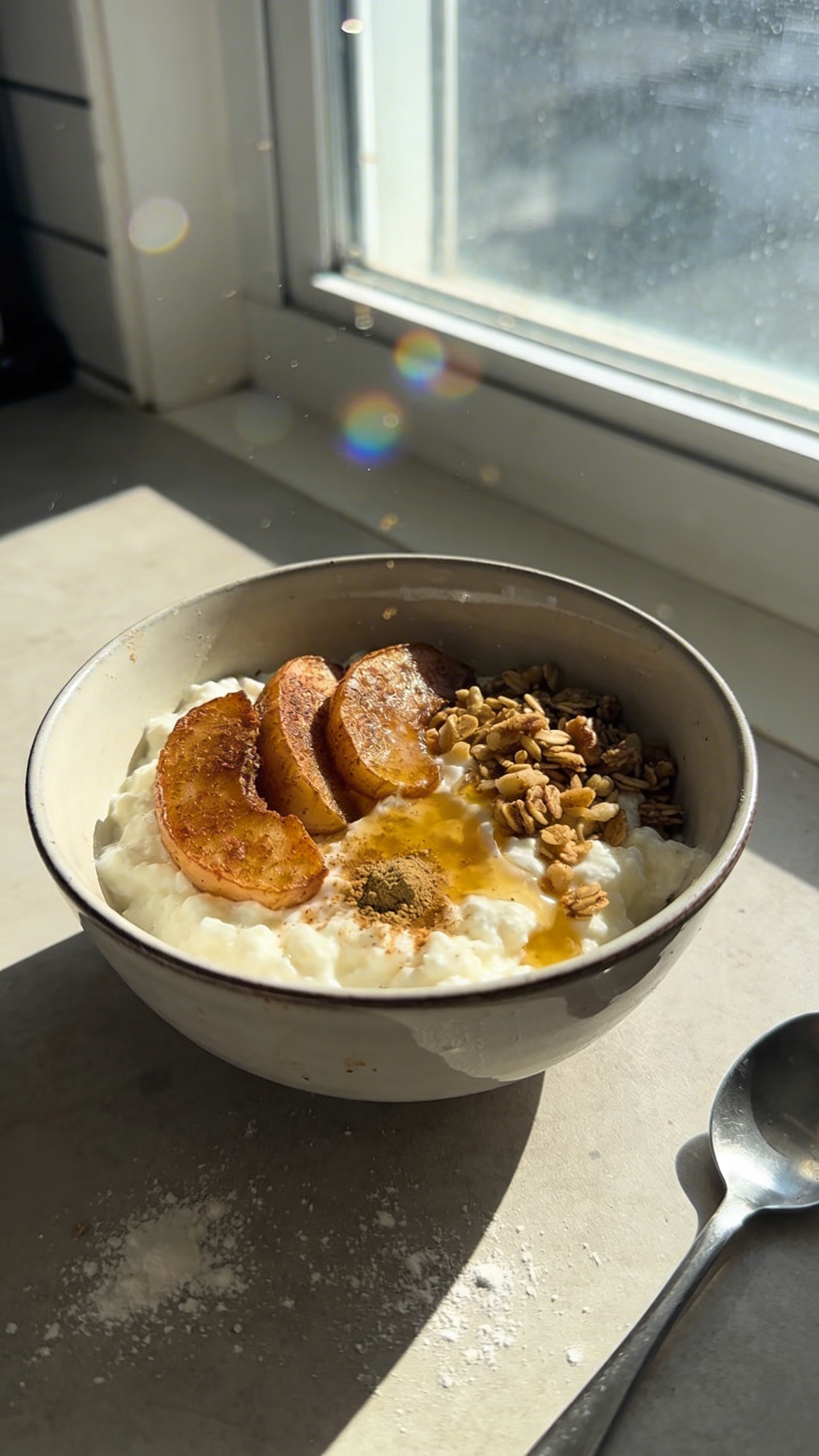 A real-looking photo of a cinnamon-apple crunch cottage cheese breakfast bowl as the main subject, styled as everyday morning food. The bowl sits on a kitchen counter by a sunny window, with natural window light casting soft shadows. The composition is casual and slightly imperfect: a few apple slices sautéed with cinnamon tucked in, creamy cottage cheese forming the base, a sprinkle of granola for crunch, and a light drizzle of honey with a pinch of nutmeg visible. A small spoon rests nearby, and the surface shows a bit of floury countertop texture. The scene is shot quickly, no staging, with subtle camera imperfections: slight overexposed highlights on the glass, tiny lens flare from the window, minor motion blur from a gentle hand shake, and a touch of grain consistent with ambient light. Horizon is slightly tilted, giving a candid, everyday feel. The image should look like an taken-in-a-hurry iPhone photo, 1080p quality, no text, no words, and without cinematic or studio-like attributes. Optional subtle post-processing hints: light compression, tiny smart blur with a bit of sharpening, color adjustments kept natural.