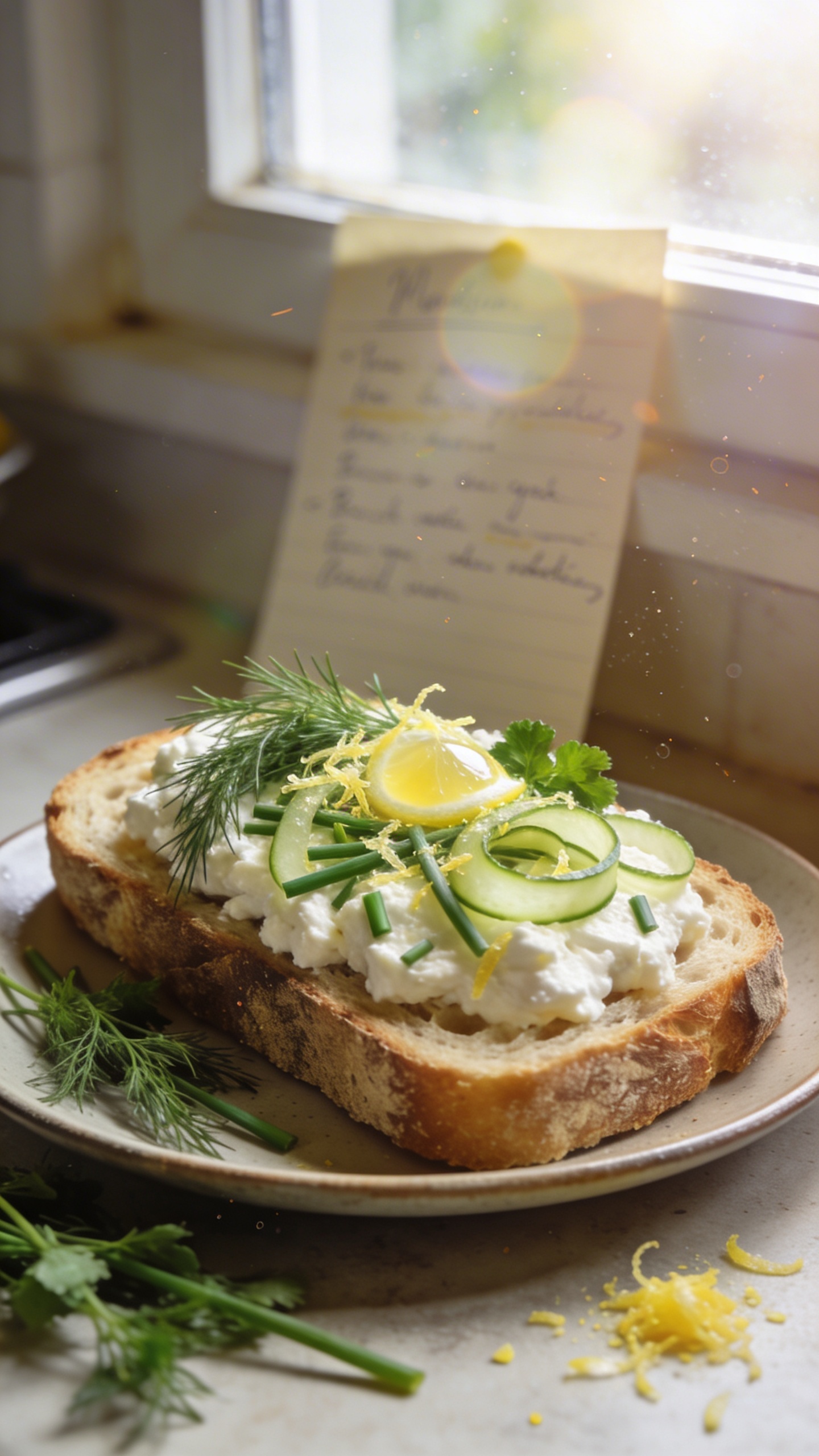 A warm, authentic-looking photo of Sourdough Cottage Cheese Toast featuring Savory Meadow: Cottage Cheese, Herbs, and Zesty Citrus. The main subject is a rustic slice of sourdough bread with a generous dollop of plain or small-curd cottage cheese, topped with fresh dill, chives, and parsley, thin cucumber ribbons, a light lemon zest and a tiny squeeze of lemon juice. The scene includes a casual breakfast setting: a kitchen counter with natural window light streaming in, maybe a handwritten recipe card in the background, and a slight imperfect composition that feels real and unscripted. The toast sits on a simple plate with a few herb sprigs nearby, a subtle sprinkle of lemon zest on the board, and a soft, appetizing texture showing the crust and crumb. The lighting is natural, slightly overexposed in places, with gentle lens flare from the window and a few minor imperfections: a tiny tilt to the horizon, faint grain, and a hint of motion blur as if someone just placed the plate down. The image should not look staged or highly stylized—take quickly, no professional setup, like a candid morning bite photographed with an iPhone. No text or logos. Optional subtle post-processing: a faint, non-intrusive color boost and slight sharpening, but not heavy. Render as a compressed, 1080p-quality photo with fingerprint marks on the lens and a minor, authentic, imperfect touch to convey realism.