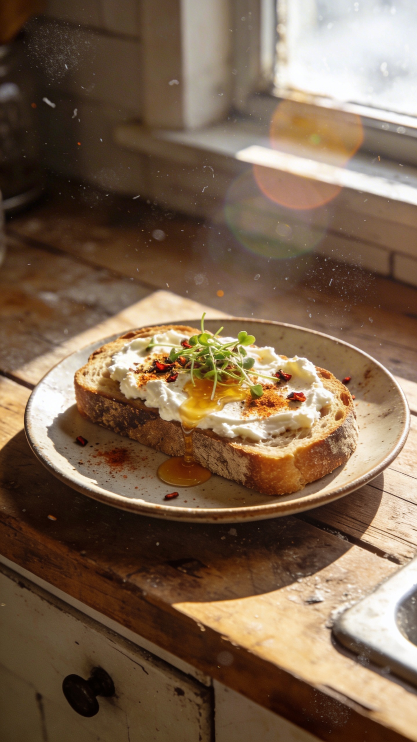A real, authentic photo of a sourdough toast topped with cottage cheese, smoky flakes of chiles, and a sprinkle of microgreens, captured as if by an iPhone in natural window light. The scene shows a casually laid breakfast plate on a rustic kitchen counter, with warm, slightly imperfect lighting from a nearby window. The toast is thick-cut sourdough, spread with creamy cottage cheese, dotted with finely chopped jalapeño or red chili flakes, a subtle dusting of smoked paprika for smoky depth, and a delicate drizzle of honey (optional). A few microgreens add color, and the background hints at a cozy, chilly morning. The shot should feel spontaneous: removed from staging, with a relaxed composition, a slightly tilted horizon, and natural camera quirks like a touch of overexposed highlights, faint lens flare, tiny motion blur from a quick grab, and grain varying with the light. No text, no branding. The image should look compressed, 1080p quality, with fingerprint on the lens and a slightly imperfect, real-life vibe, as if the photo was taken in a hurry after a workout or late-night craving. Optional subtle post-processing hint: minimal editing that keeps a flat, unpolished look, not polished or cinematic.