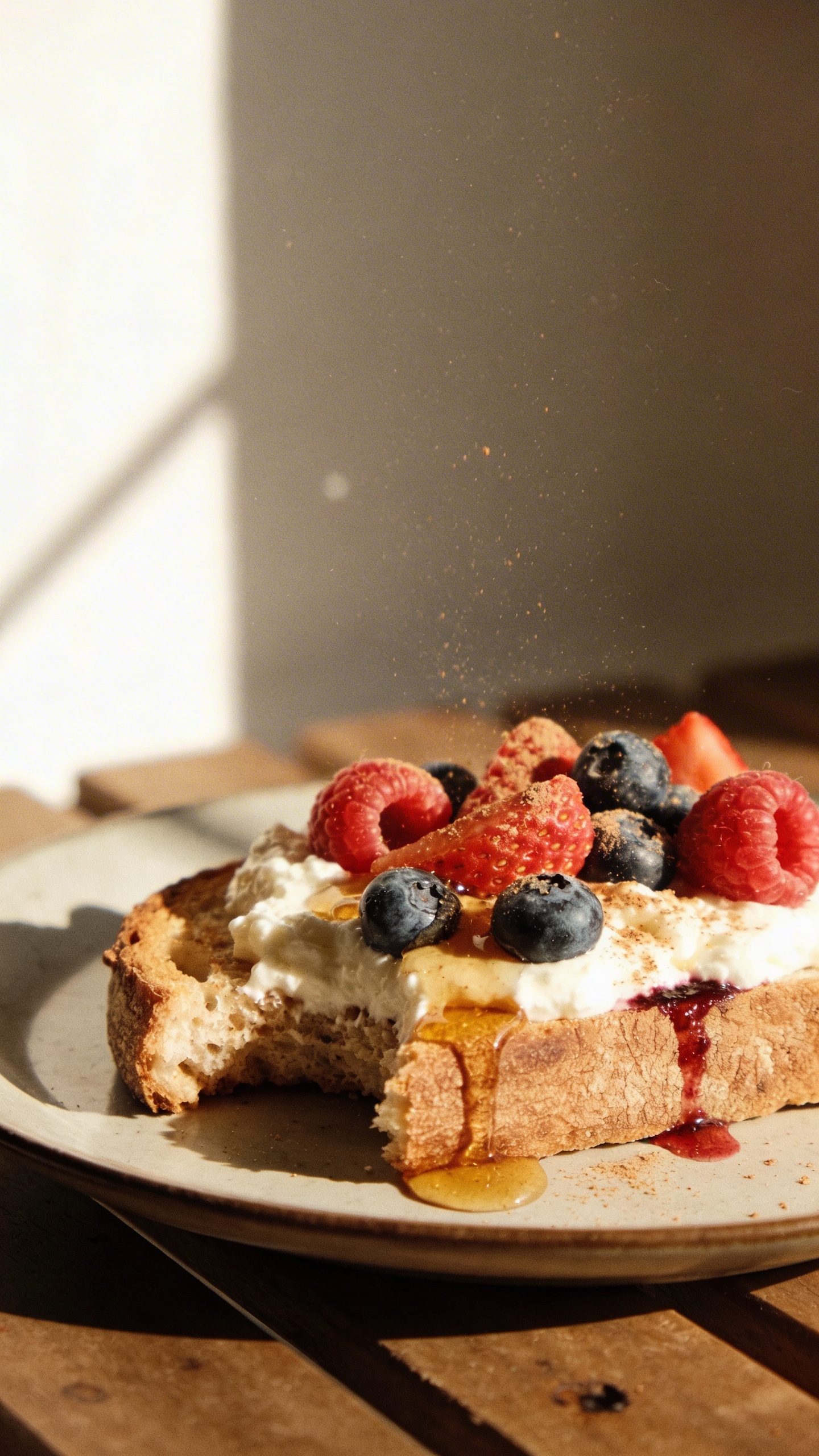 A real, authentic photo of sourdough toast topped with creamy cottage cheese, bright mixed berries (blueberries, strawberries, raspberries) and a drizzle of honey with a light sprinkle of cinnamon, shot as if captured on an iPhone in a casual kitchen setting. Natural window light from the side, imperfect but inviting; the toast sits on a simple plate with a slightly imperfect, rustic wooden table surface. The composition is relaxed and unposed: a bite taken, a tiny smear of honey on the plate, a bit of berry juice on the crust, and a gentle tilt of the horizon. Include subtle camera imperfections: slight overexposed highlights on the honey, a fingerprint or smudge on the lens edge, tiny motion blur from a quick hand movement, and subtle grain that varies with light. No staging, no text, no obvious AI cues. The scene should feel warm, cozy, like a lazy weekend breakfast, shot quickly with a casual, everyday vibe, 1080p quality, compressed look, maybe a hint of post-processing that lightly boosts contrast but keeps natural tones. The main subject is the cottage cheese toast with berries and honey.